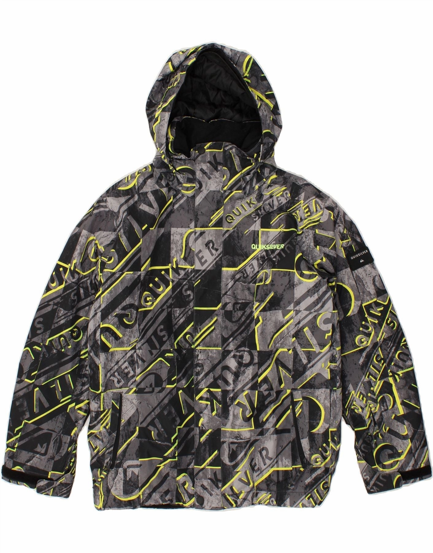 QUIKSILVER Boys Graphic Hooded Windbreaker Jacket 13-14 Years XL Grey chest pockets multiple pockets