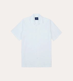 White Cotton-Linen Seersucker Camp Collar Short Sleeve Shirt Modern Look Athletic Cut