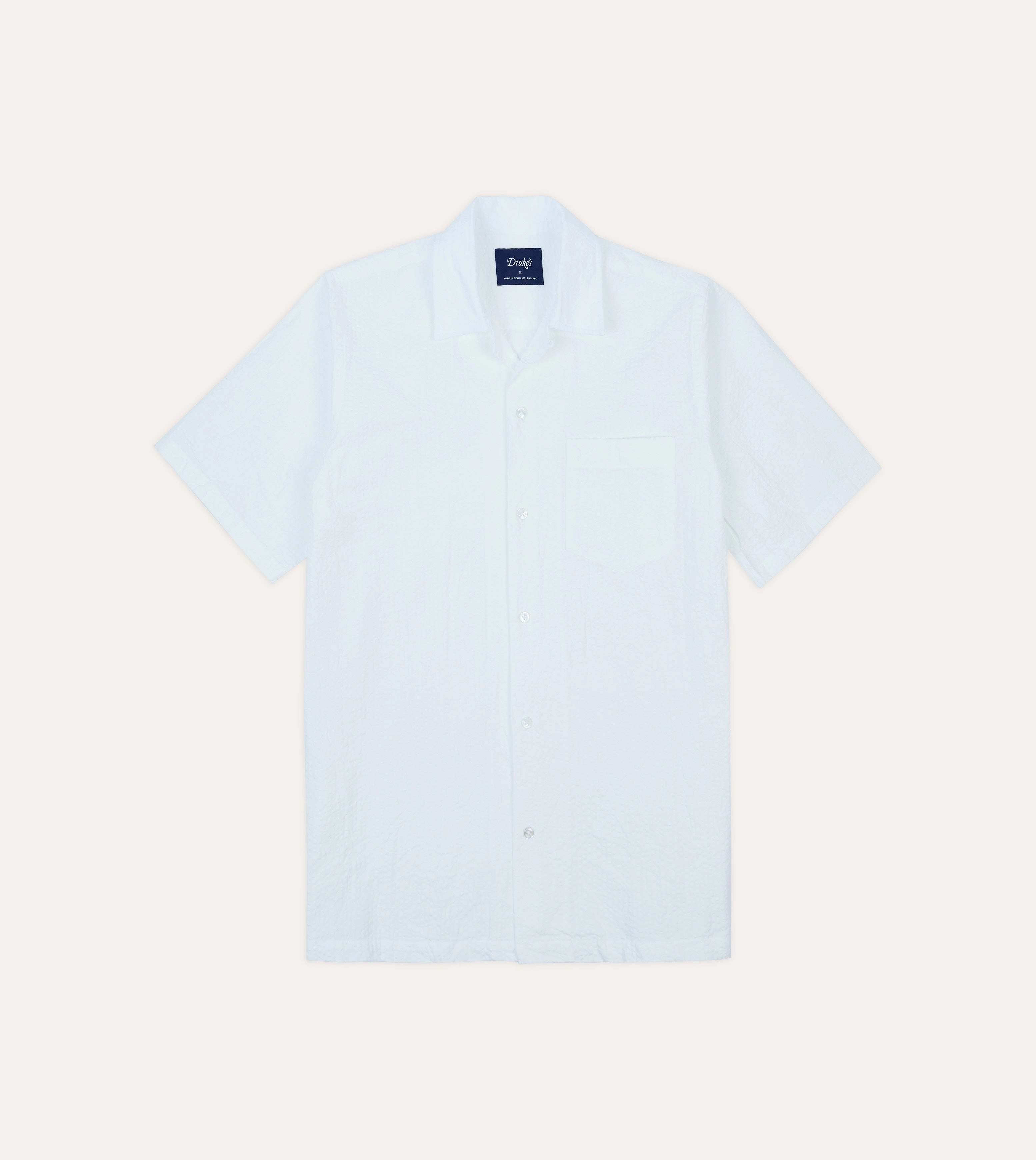 White Cotton-Linen Seersucker Camp Collar Short Sleeve Shirt Modern Look Athletic Cut