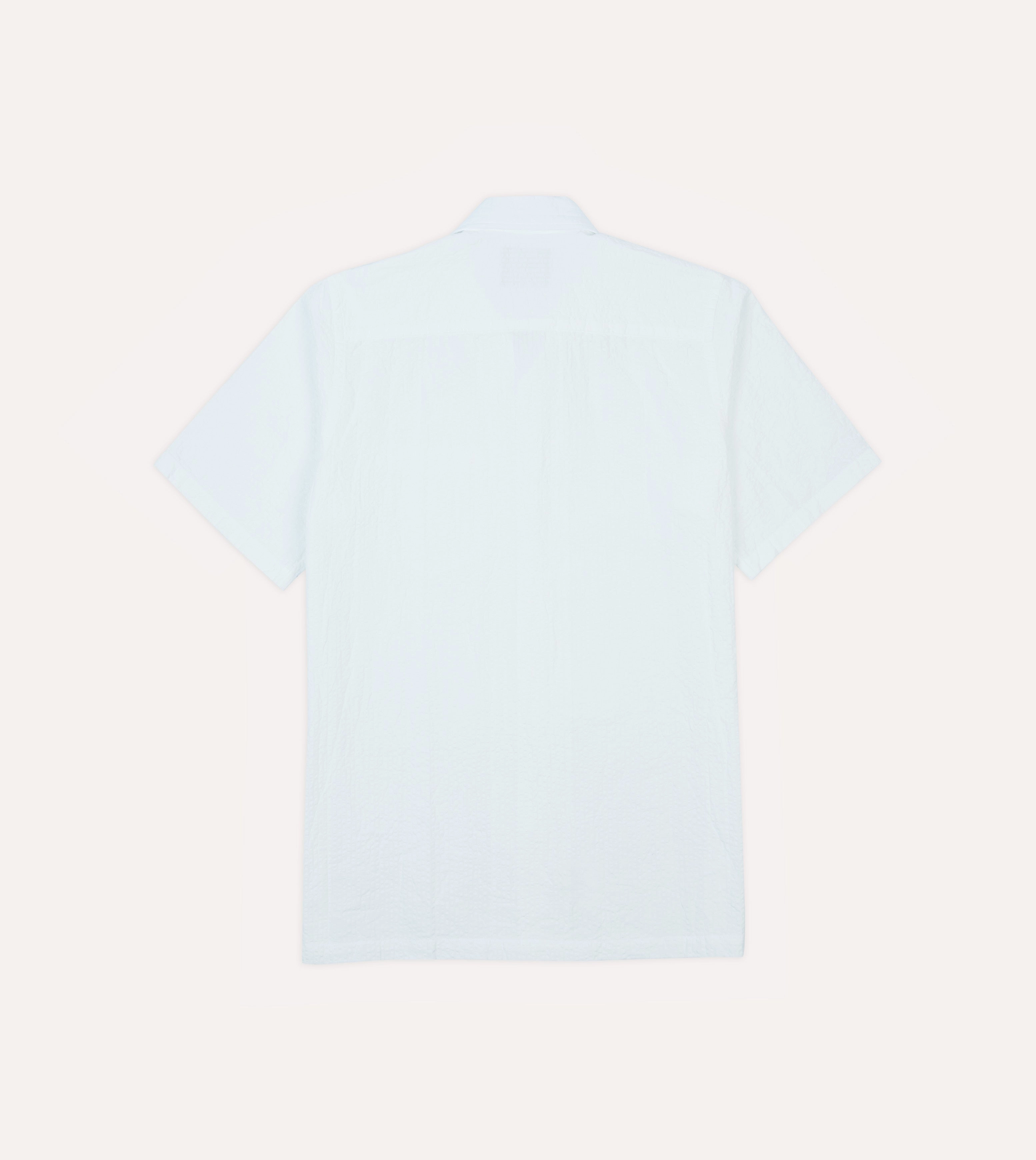 Durable Material White Cotton-Linen Seersucker Camp Collar Short Sleeve Shirt