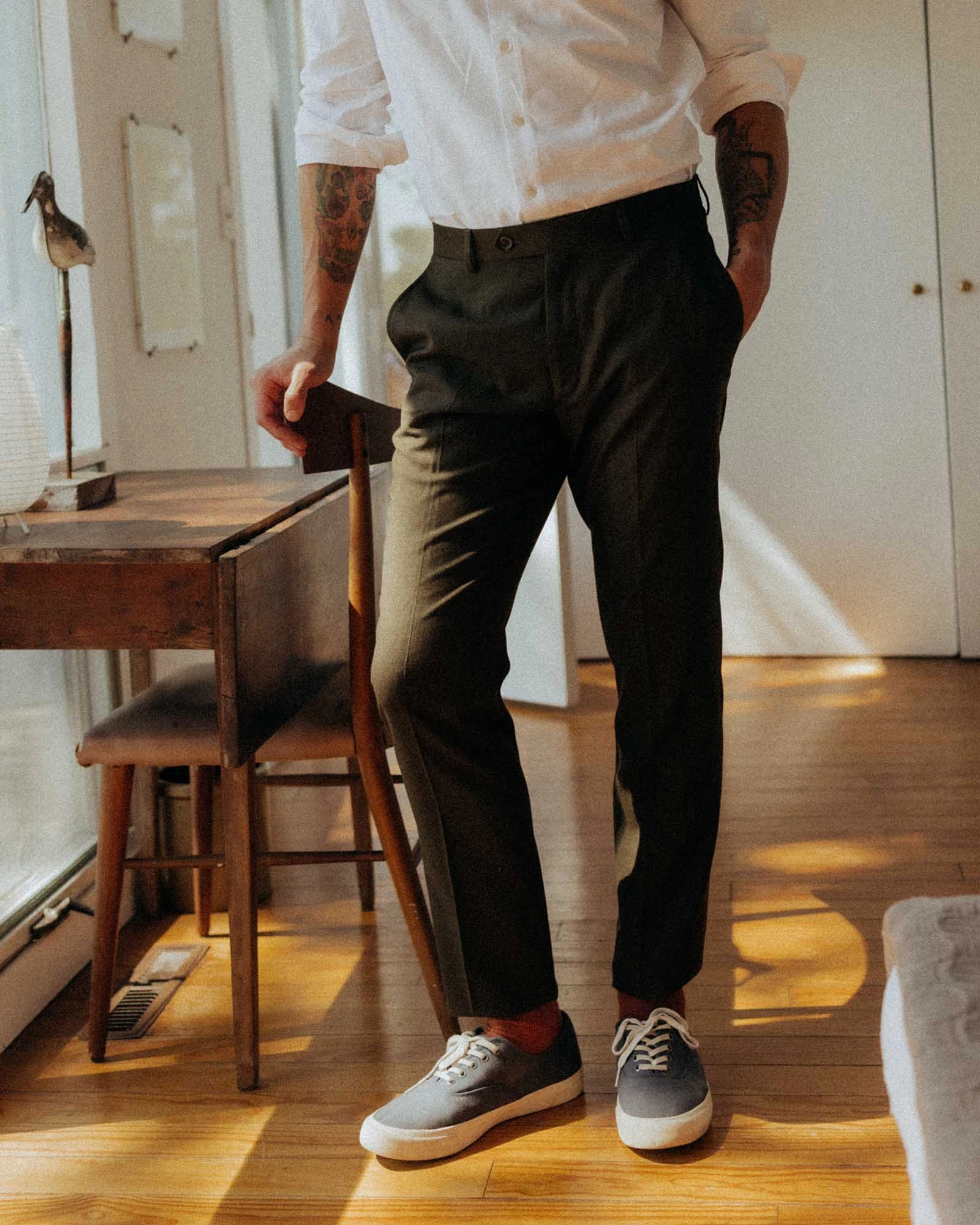The Stevens Trouser in Black Olive Wool Flannel Clean Lines Quick Motion