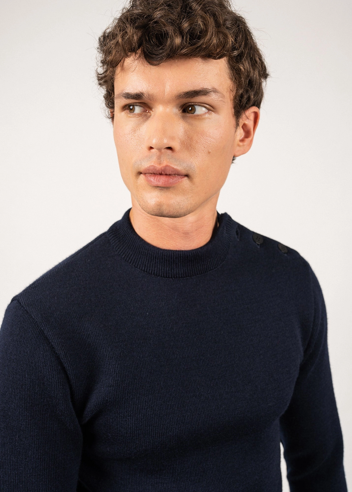 MATELOT - Wool Fisherman Sweater with Button Shoulder | Slim Fit (NAVY) Casual Knit