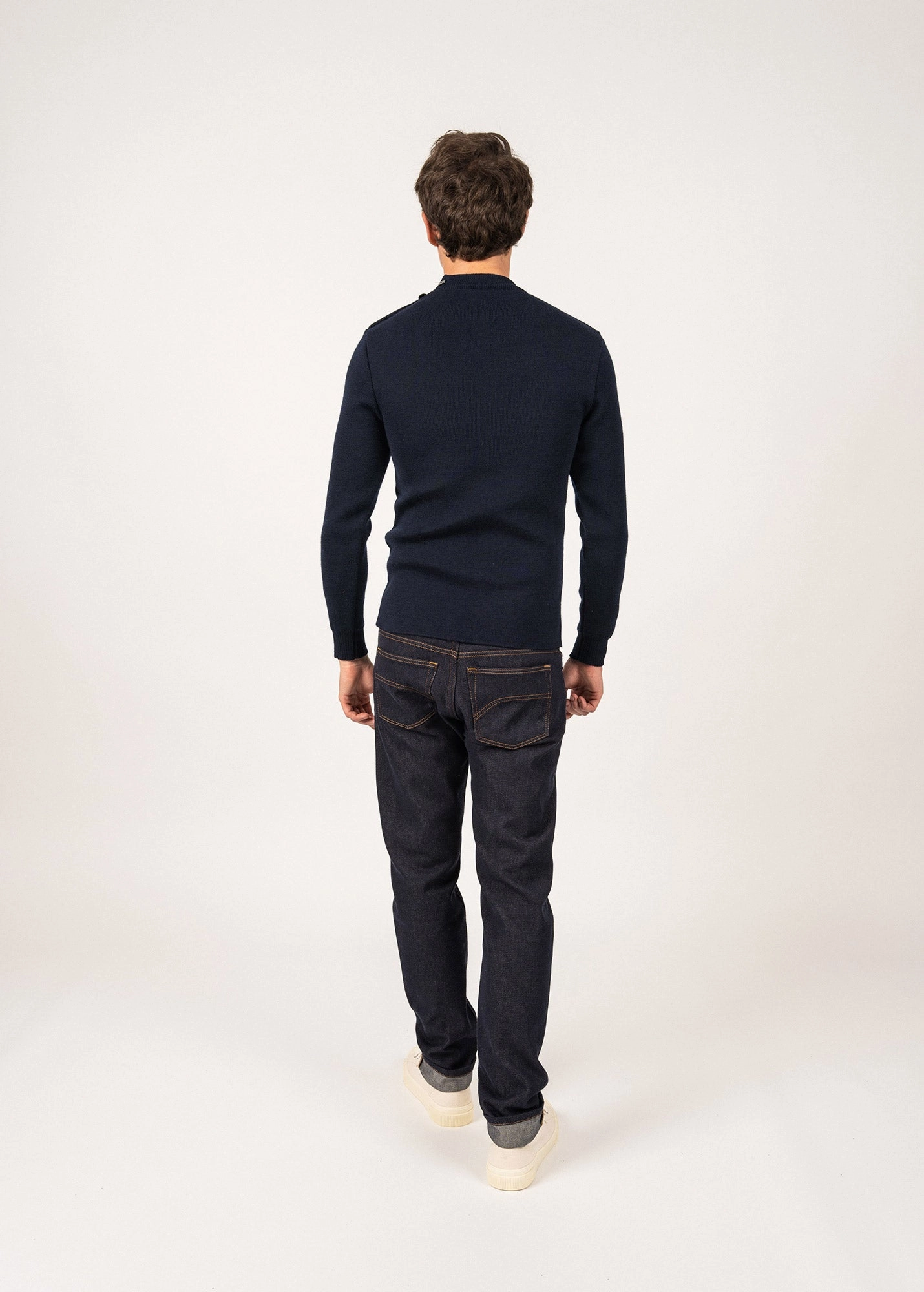 Fashion Ready Snuggly Knitwear MATELOT - Wool Fisherman Sweater with Button Shoulder | Slim Fit (NAVY)