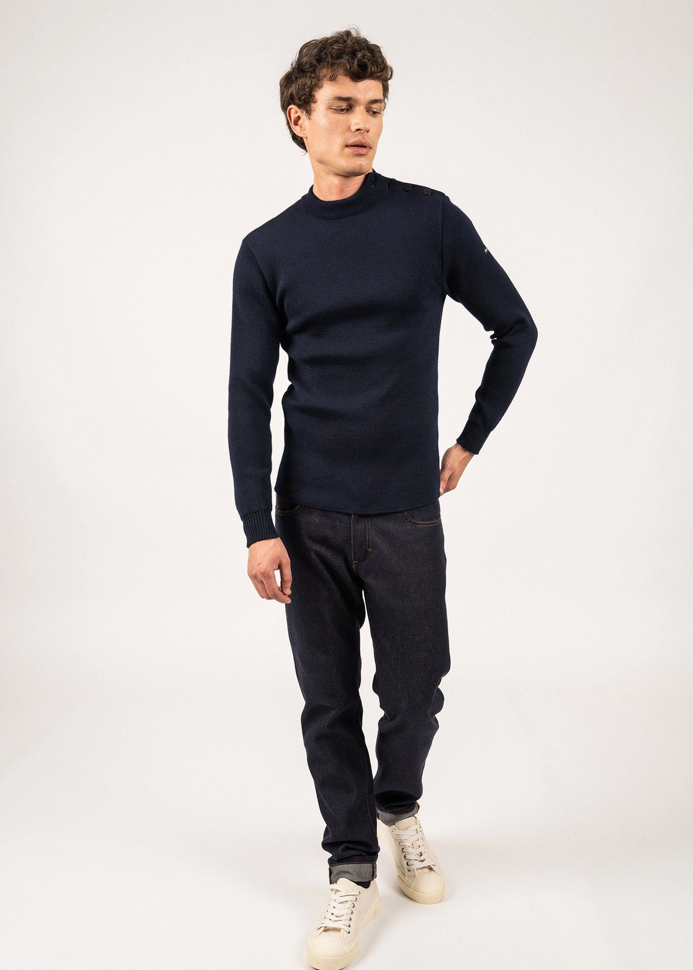 Soft Warmth MATELOT - Wool Fisherman Sweater with Button Shoulder | Slim Fit (NAVY)