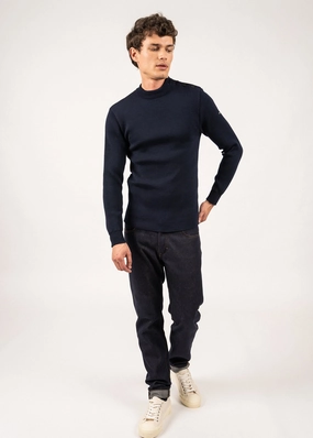 Soft Warmth MATELOT - Wool Fisherman Sweater with Button Shoulder | Slim Fit (NAVY)