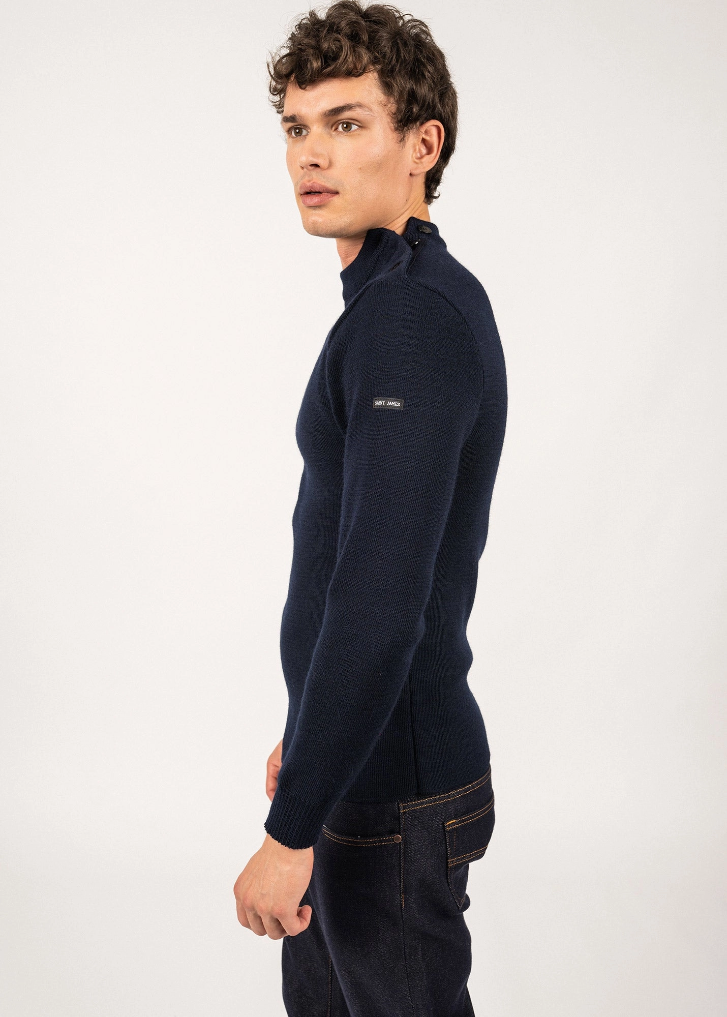 MATELOT - Wool Fisherman Sweater with Button Shoulder | Slim Fit (NAVY) Premium Comfort Temperature Regulating