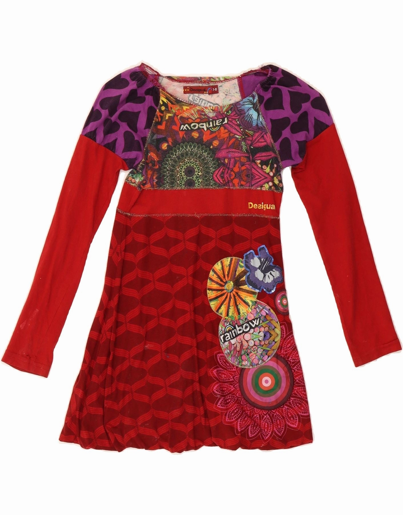 Event Safe Silky Drape DESIGUAL Girls Graphic Long Sleeve A-Line Dress 7-8 Years Red Floral