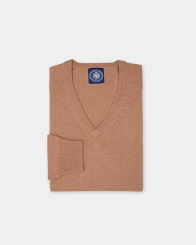 Camel Lambswool V-neck Sweater Eco Certified Fabrications