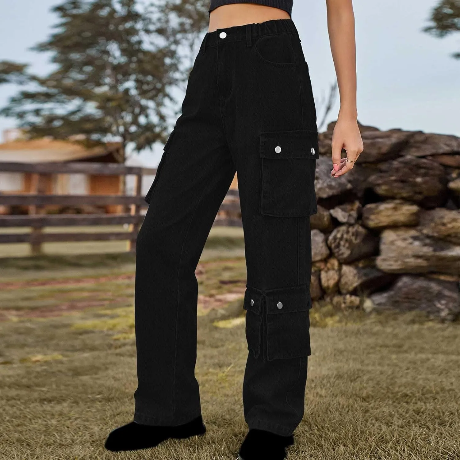 SMIDOW Womens Y2K Jeans Baggy Cargo Pants Jeans High Waisted Straight-Leg Pants Pull On Denim Pants with Multiple Pockets