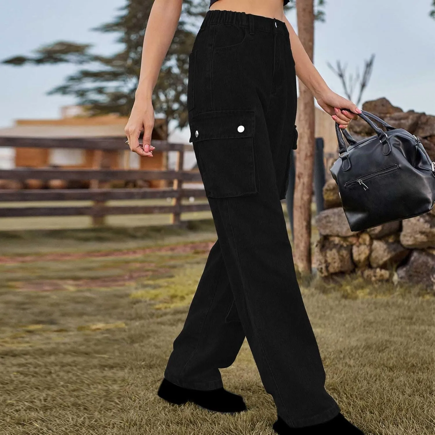 SMIDOW Womens Y2K Jeans Baggy Cargo Pants Jeans High Waisted Straight-Leg Pants Pull On Denim Pants with Multiple Pockets