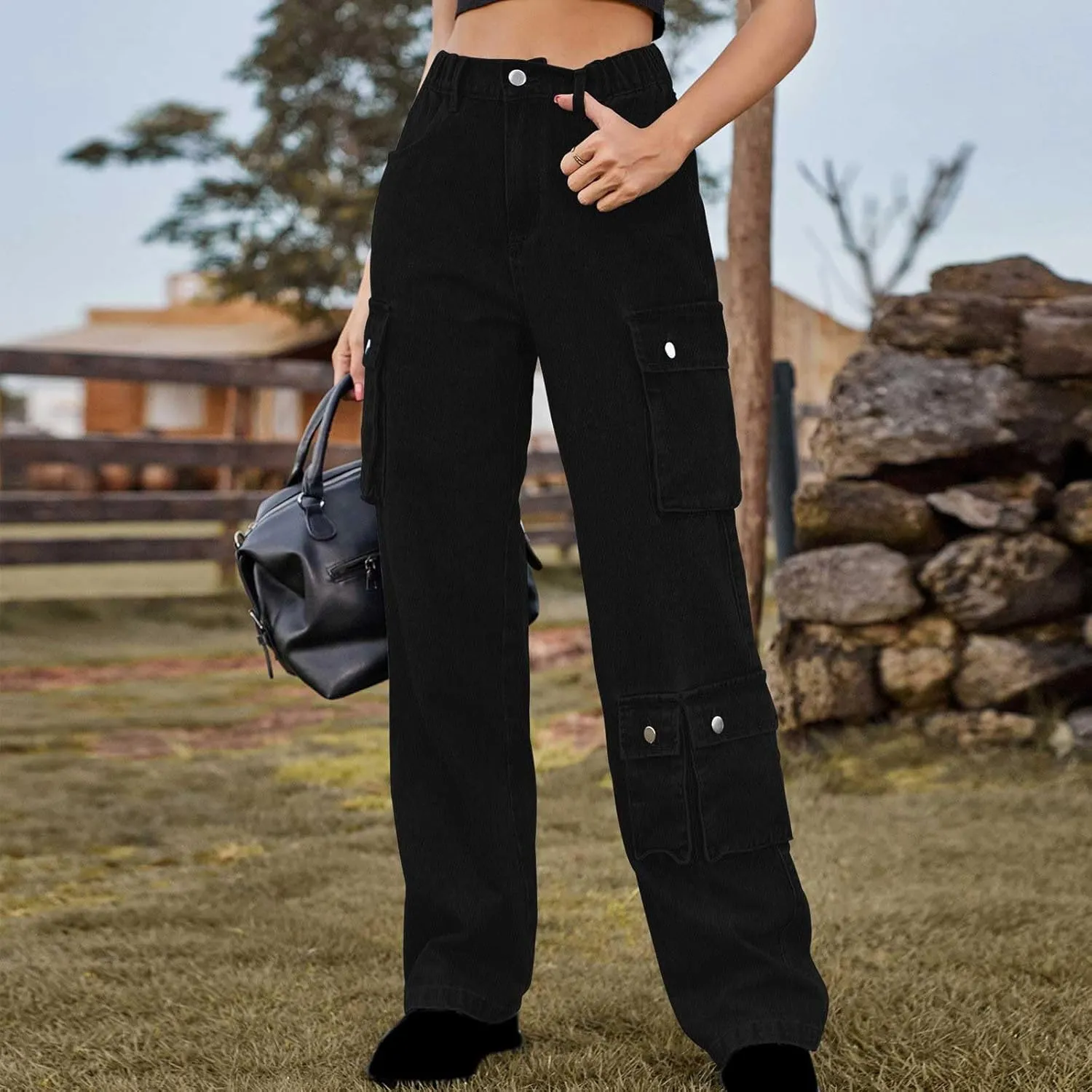 SMIDOW Womens Y2K Jeans Baggy Cargo Pants Jeans High Waisted Straight-Leg Pants Pull On Denim Pants with Multiple Pockets
