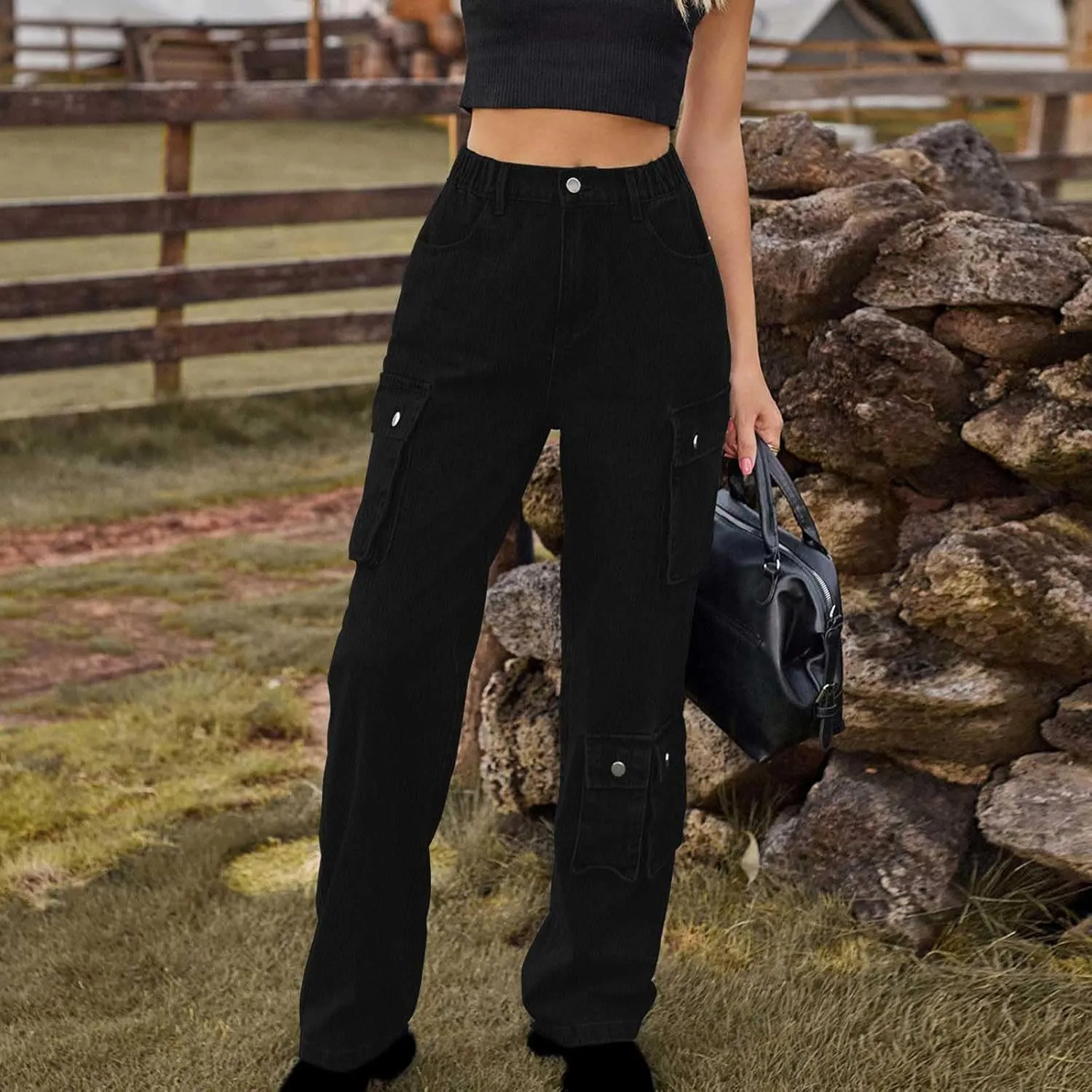 SMIDOW Womens Y2K Jeans Baggy Cargo Pants Jeans High Waisted Straight-Leg Pants Pull On Denim Pants with Multiple Pockets