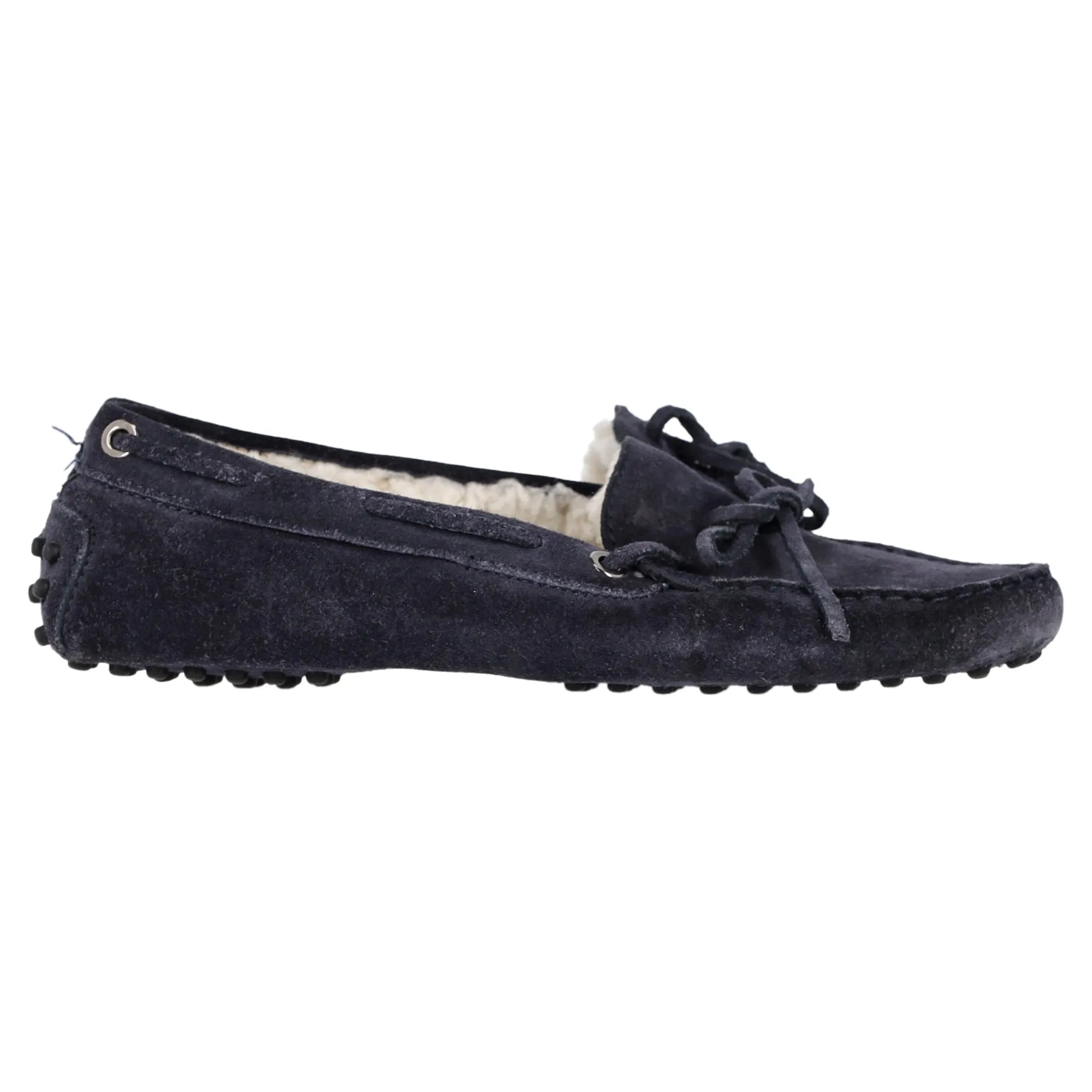Tod's  Fur-Lined Loafers in Navy Blue Calfskin Suede Elegant Flat Scandi Clean