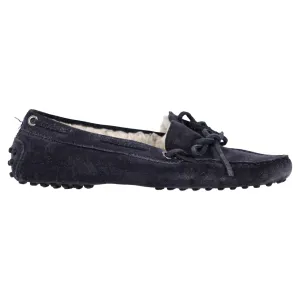 Tod's  Fur-Lined Loafers in Navy Blue Calfskin Suede Elegant Flat Scandi Clean
