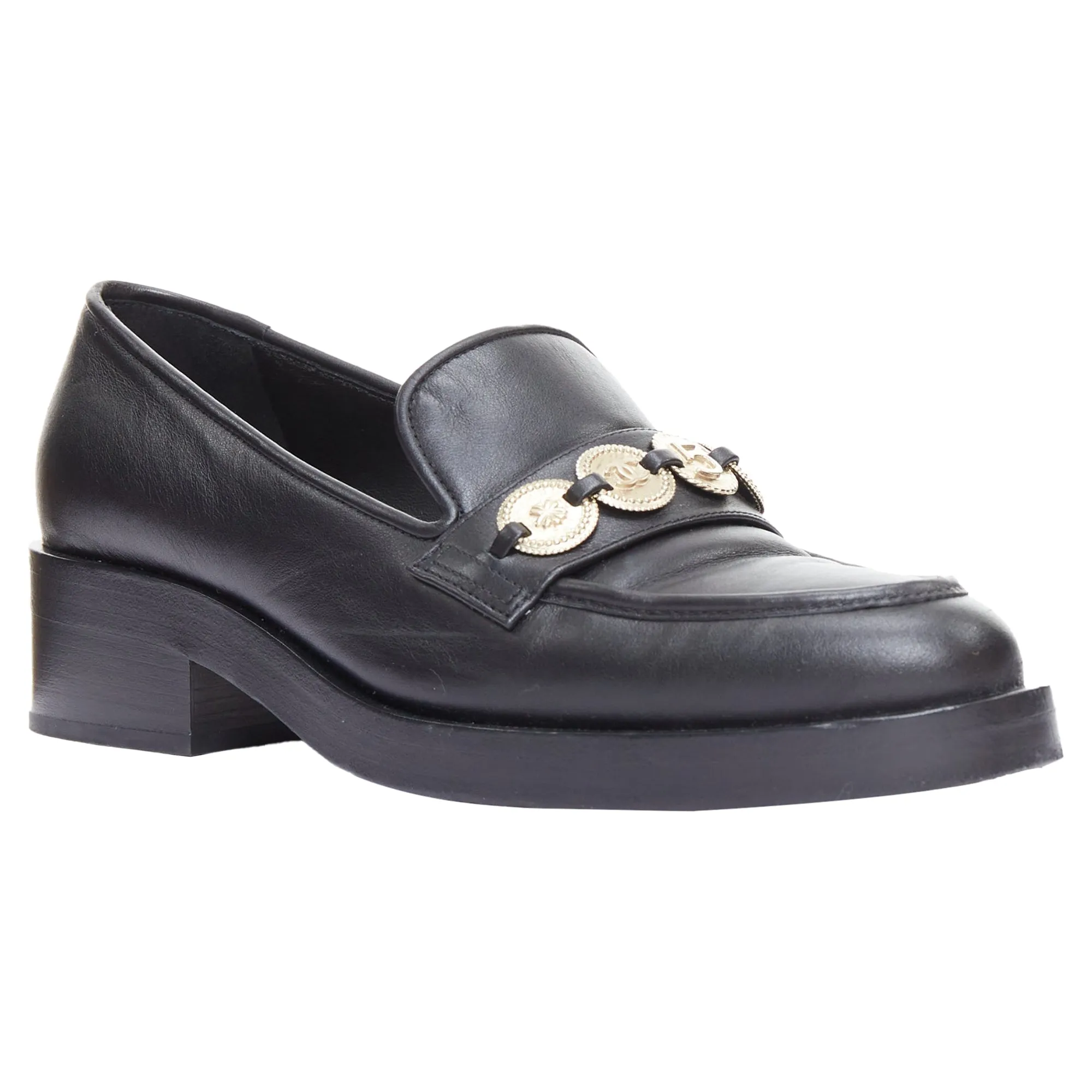 Chanel black leather gold CC 5 embellished classic loafers wide feet Fast Stride