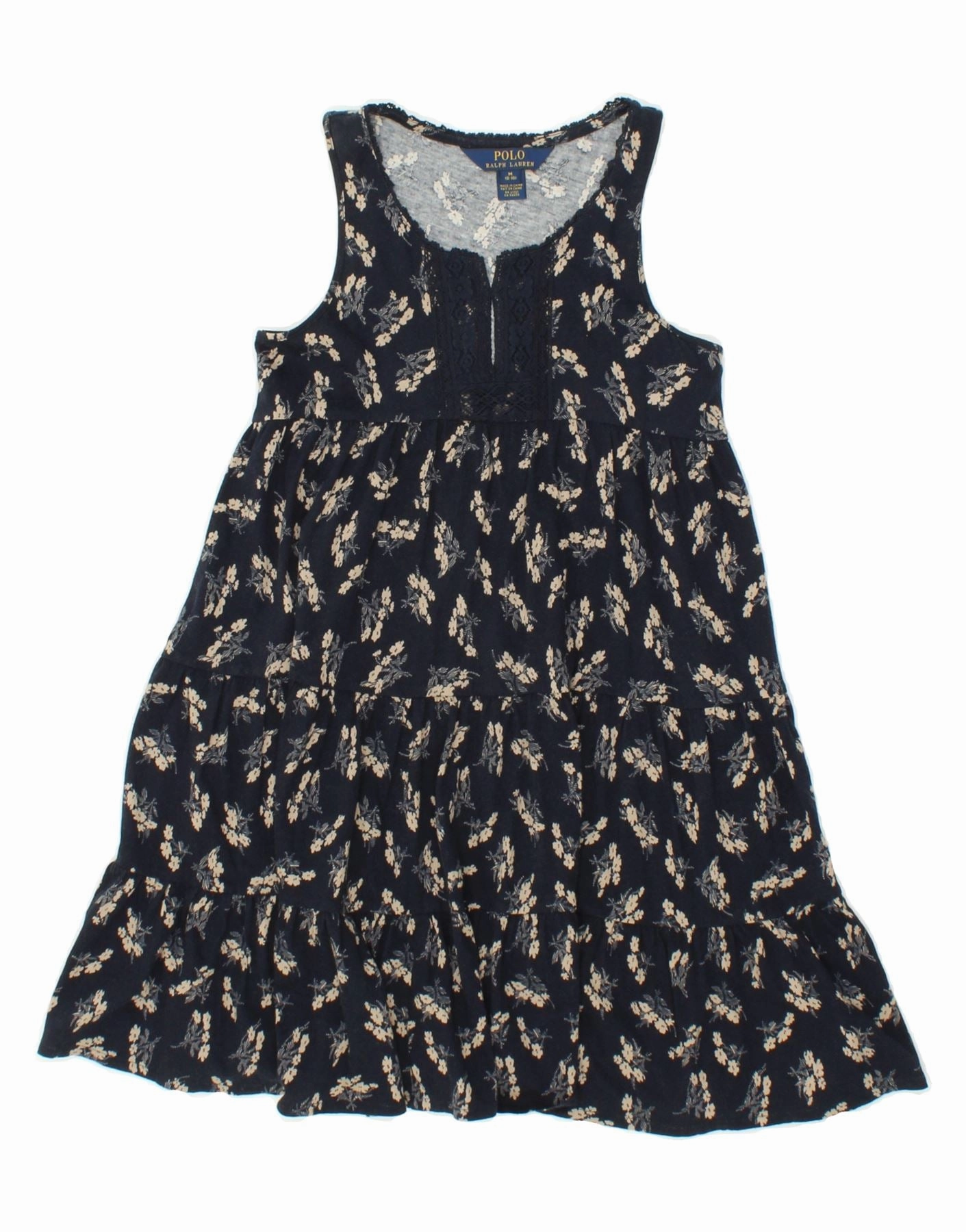 POLO RALPH LAUREN Girls Tiered Dress 8-9 Years Medium  Navy Blue Floral High-Neck