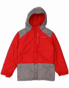 COLUMBIA Boys Hooded Windbreaker Jacket 11-12 Years Medium Red Colourblock Score Non Restrictive Cut