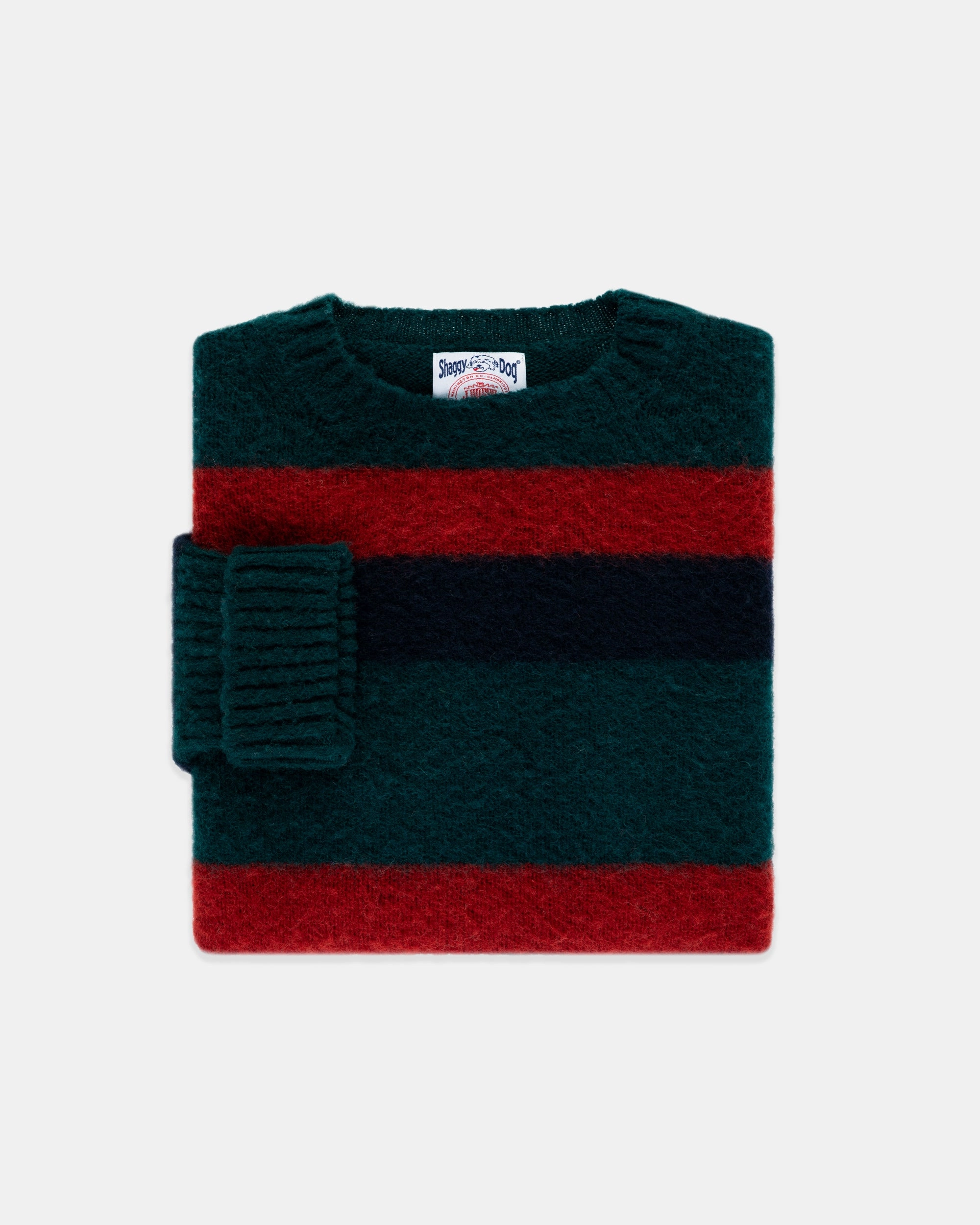 Long Lasting Elasticity Made-in-Scotland Shaggy Dog Green, Black & Red Regimental Stripe Sweater - Classic Fit