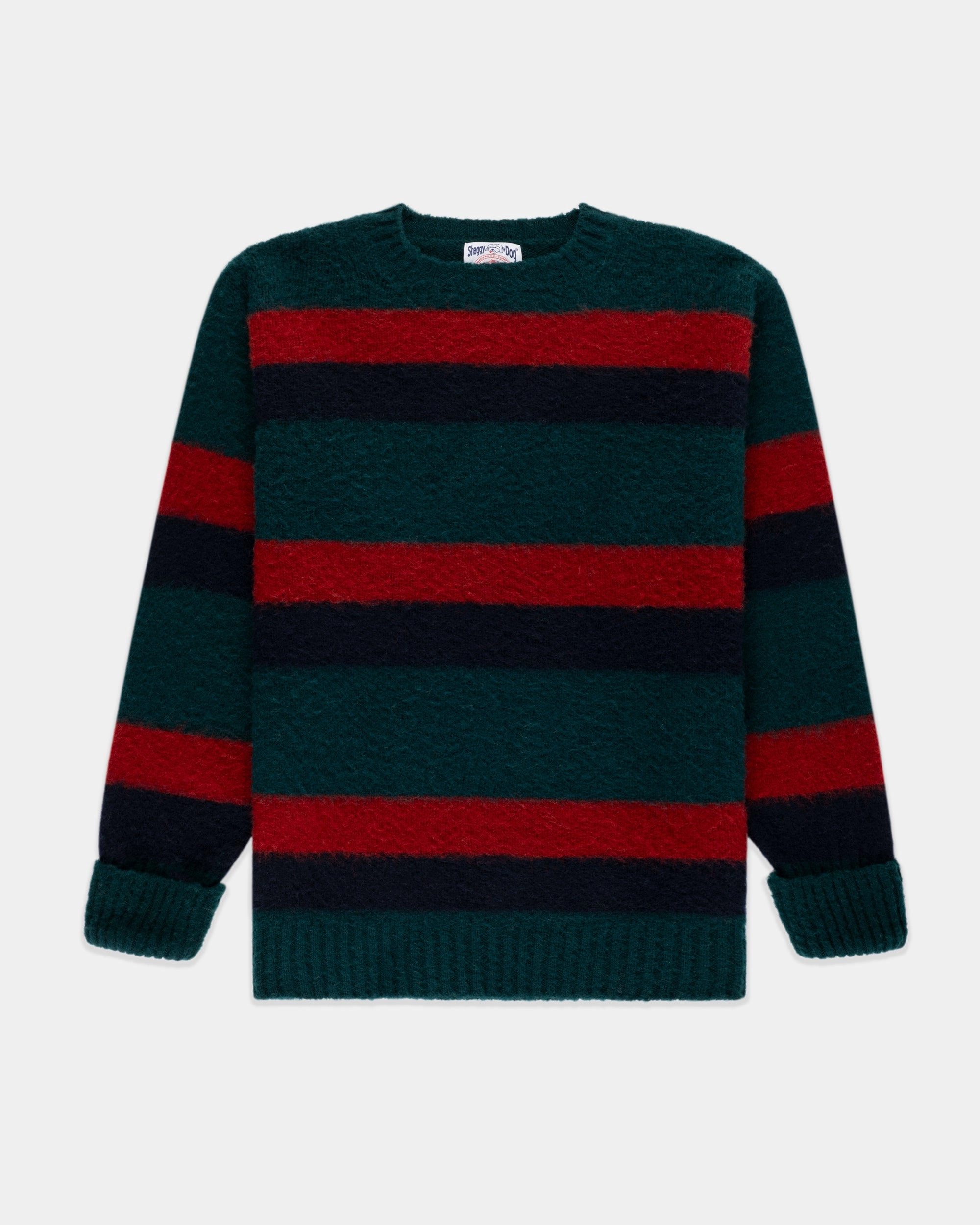 Soft Wear Made-in-Scotland Shaggy Dog Green, Black & Red Regimental Stripe Sweater - Classic Fit