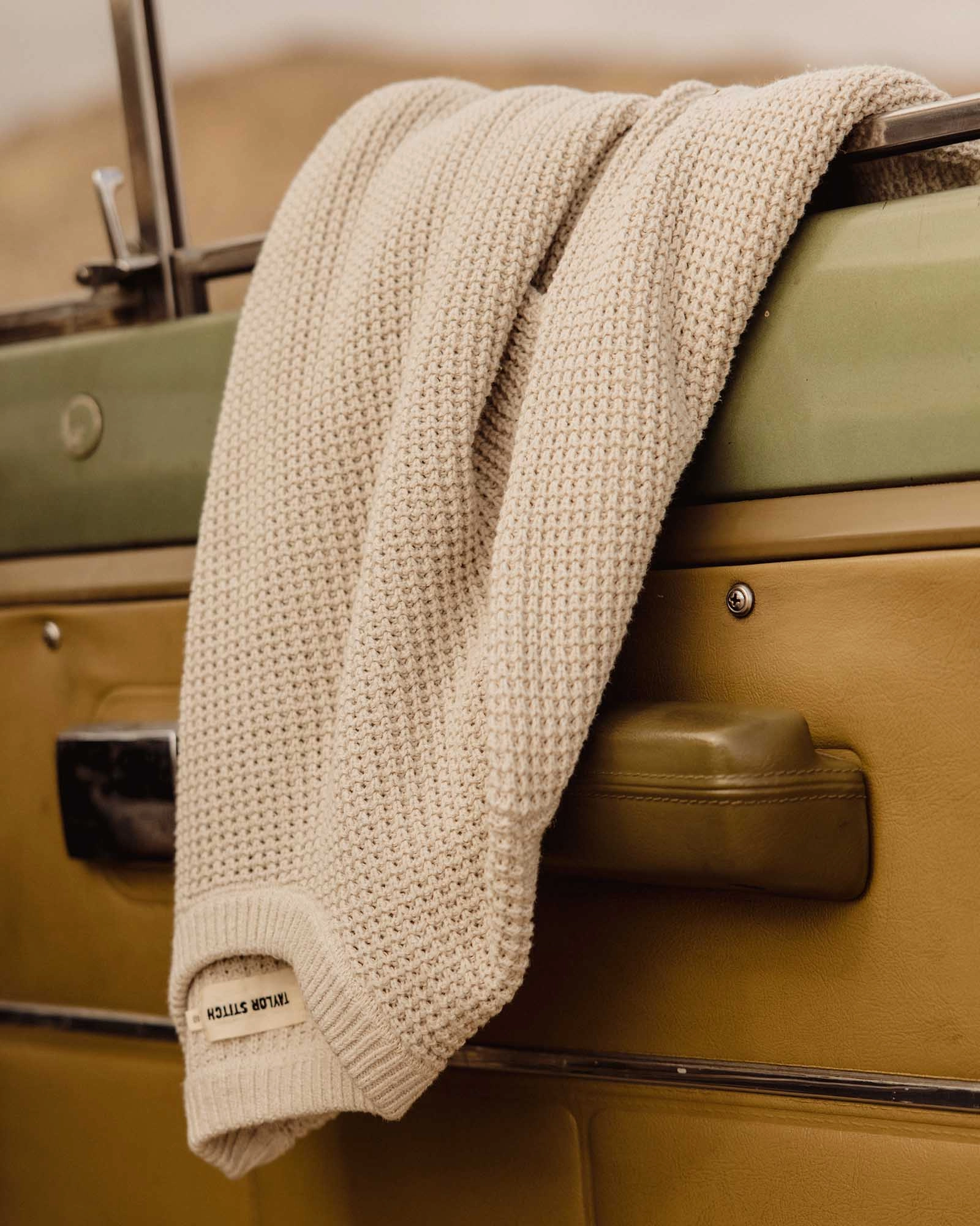 The Ranger Sweater in Heather Fog Linen Waffle Friction Resistant Edging Breathable mesh lining