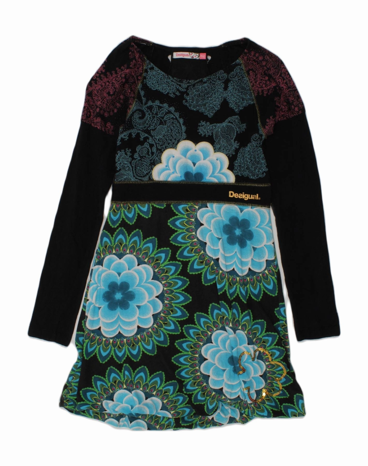 Sleek Cut DESIGUAL Girls Crazy Pattern A-Line Dress 11-12 Years Black Paisley Cotton