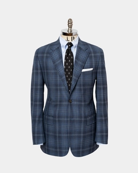 Snag Resistant Weave Perfectly Refined Made-in-Canada Medium Blue & Grey Plaid Wool Sport Coat