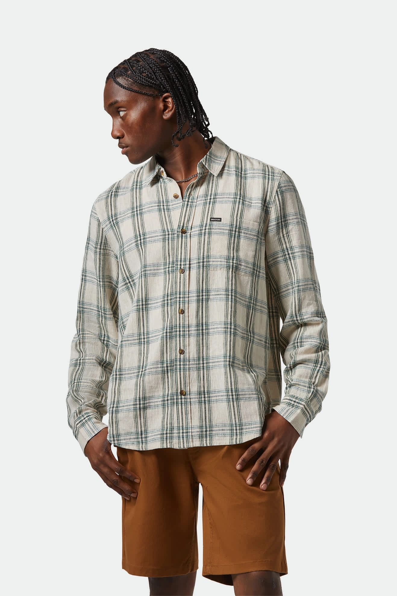 Charter Linen Blend L/S Shirt - Off White/Ivy Green Plaid Non Restrictive Fit
