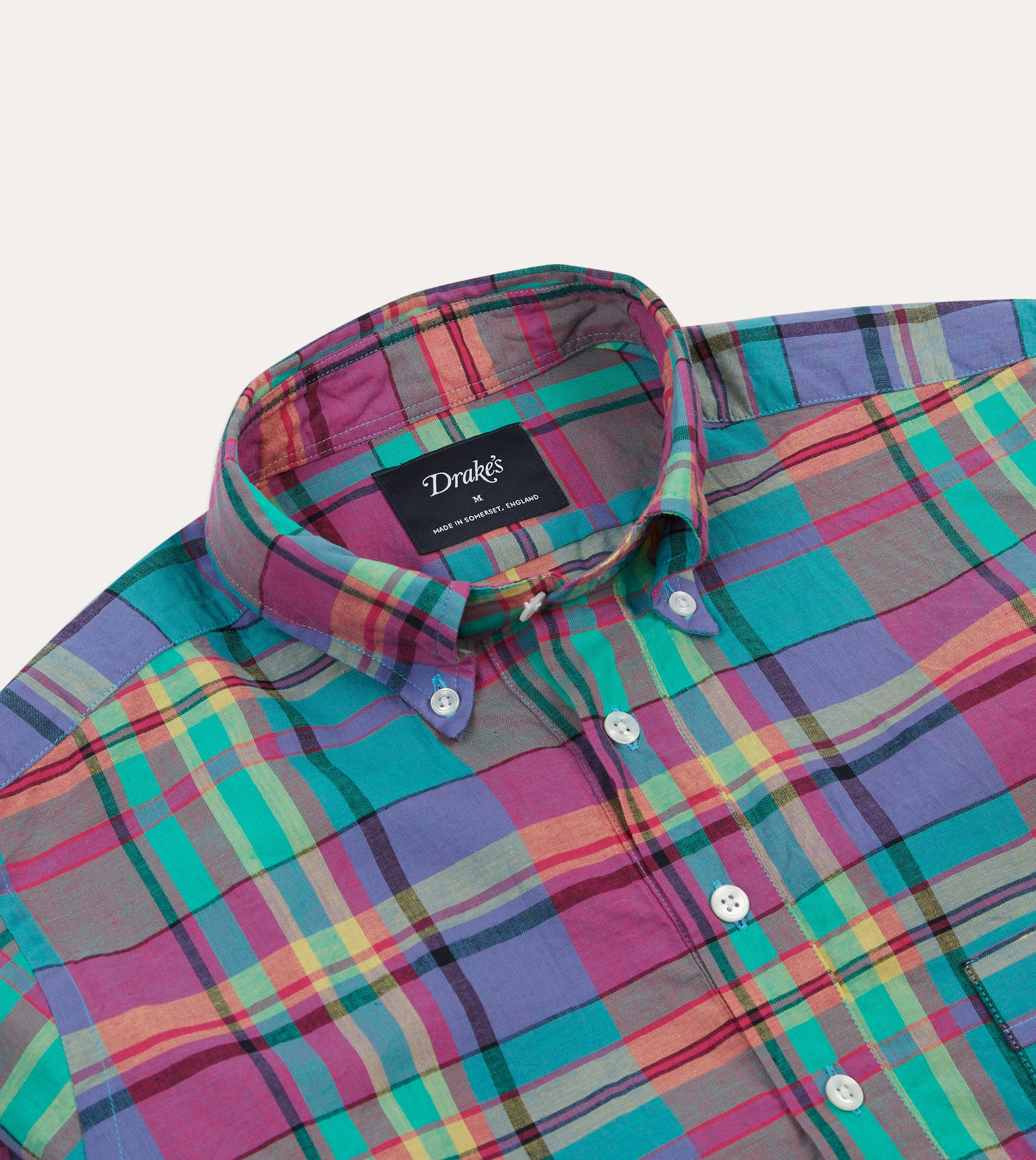 Pink and Blue Madras Check Cotton Button-Down Popover Shirt Contemporary Style