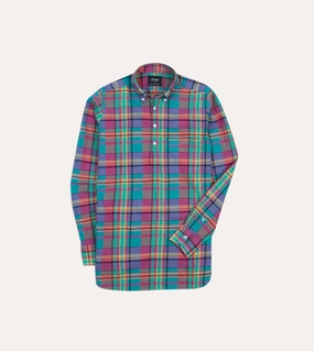 Pink and Blue Madras Check Cotton Button-Down Popover Shirt Casual Wear