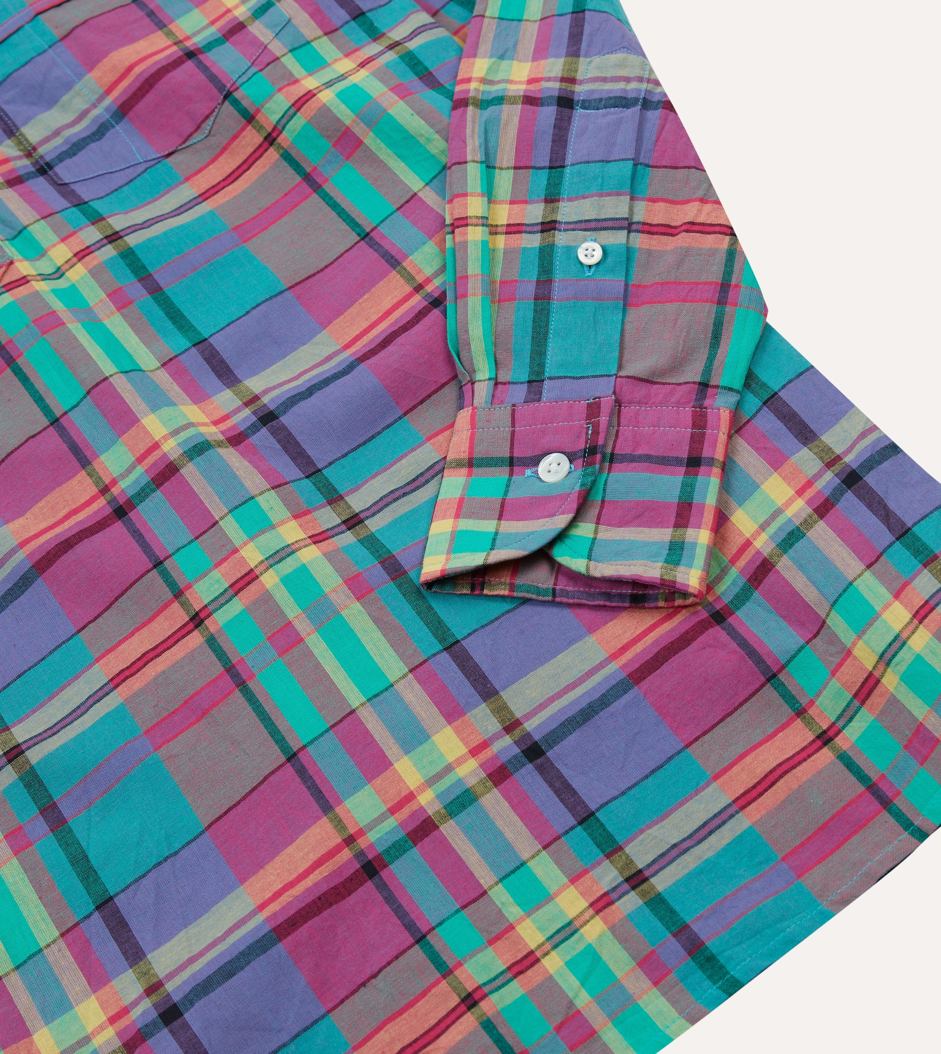Pink and Blue Madras Check Cotton Button-Down Popover Shirt Pocket Detailing Classic Look