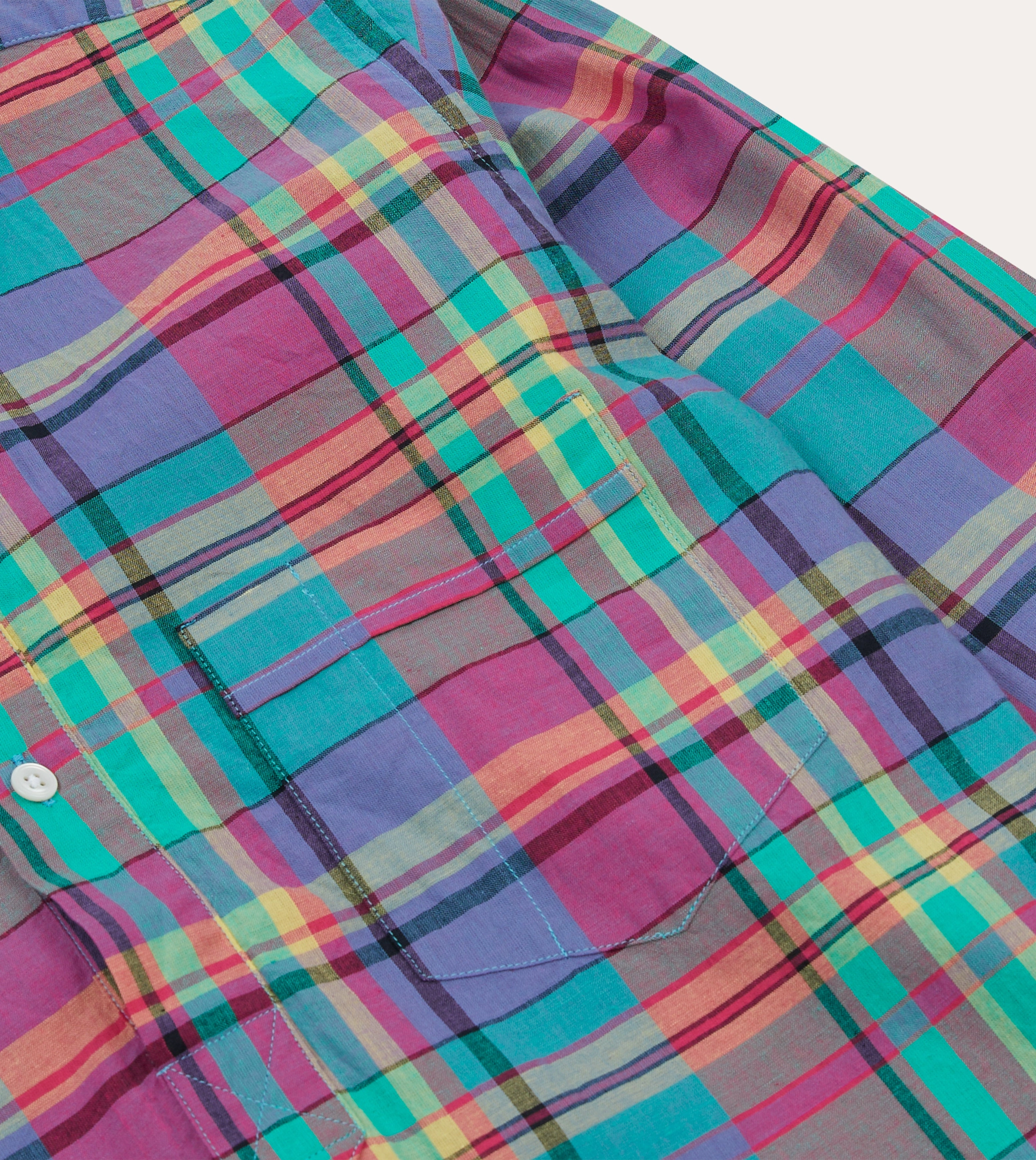 Anti Pilling Surface Pink and Blue Madras Check Cotton Button-Down Popover Shirt