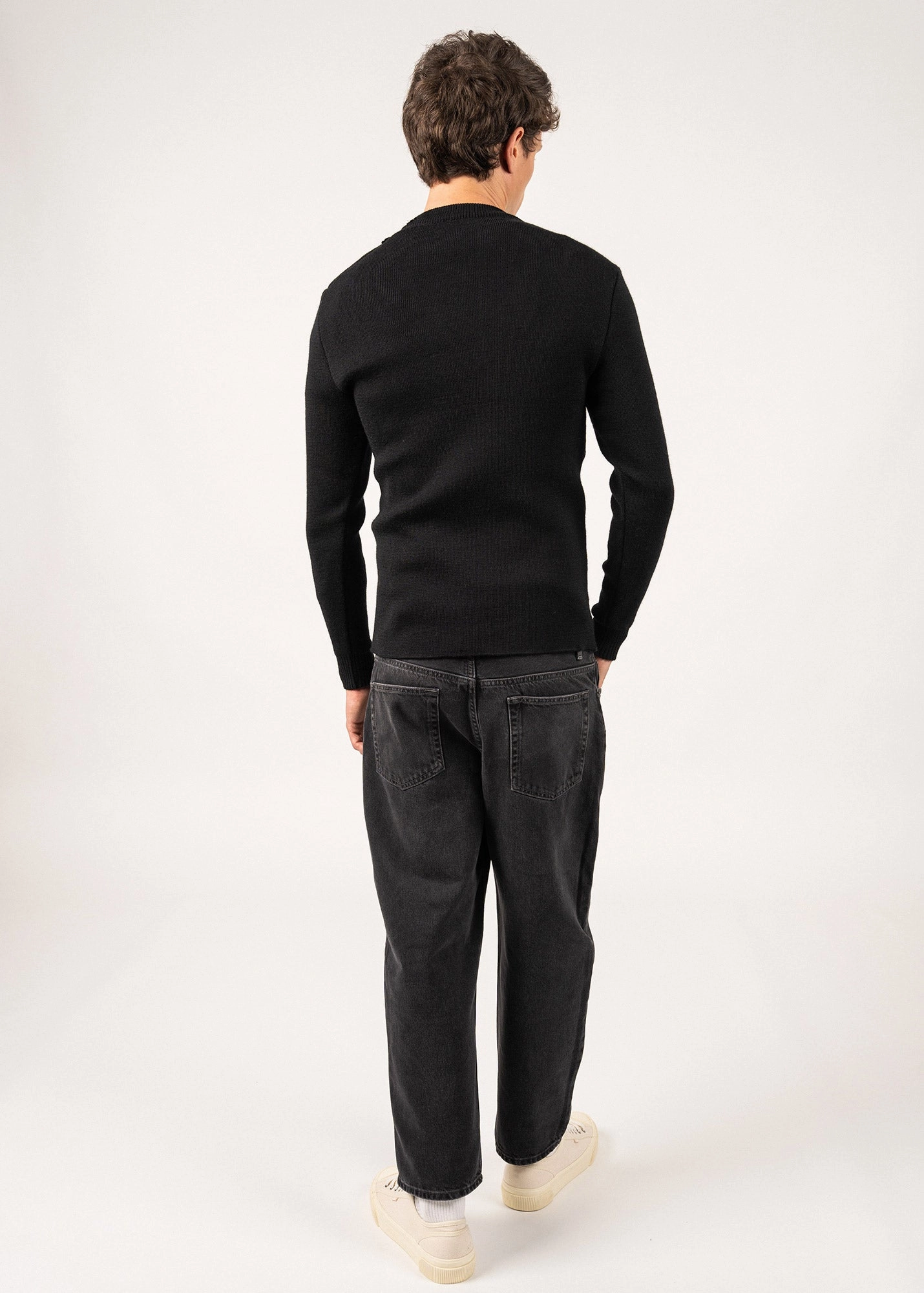 Casual Essentials MATELOT - Wool Fisherman Sweater with Button Shoulder | Slim Fit (BLACK)