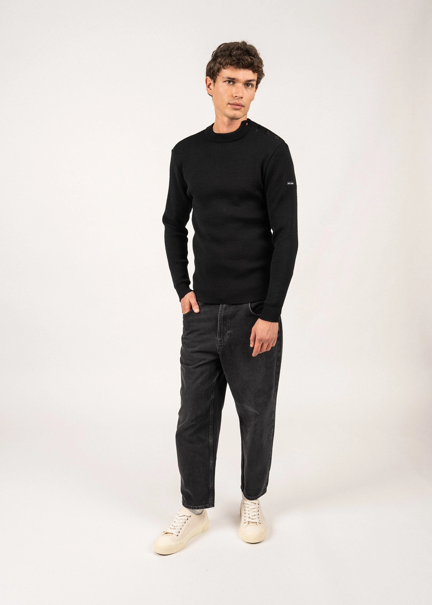 MATELOT - Wool Fisherman Sweater with Button Shoulder | Slim Fit (BLACK) Sustainable Sourcing Certified Knit texture