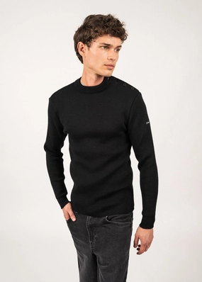 Loopback Fabric Simple Comfort MATELOT - Wool Fisherman Sweater with Button Shoulder | Slim Fit (BLACK)