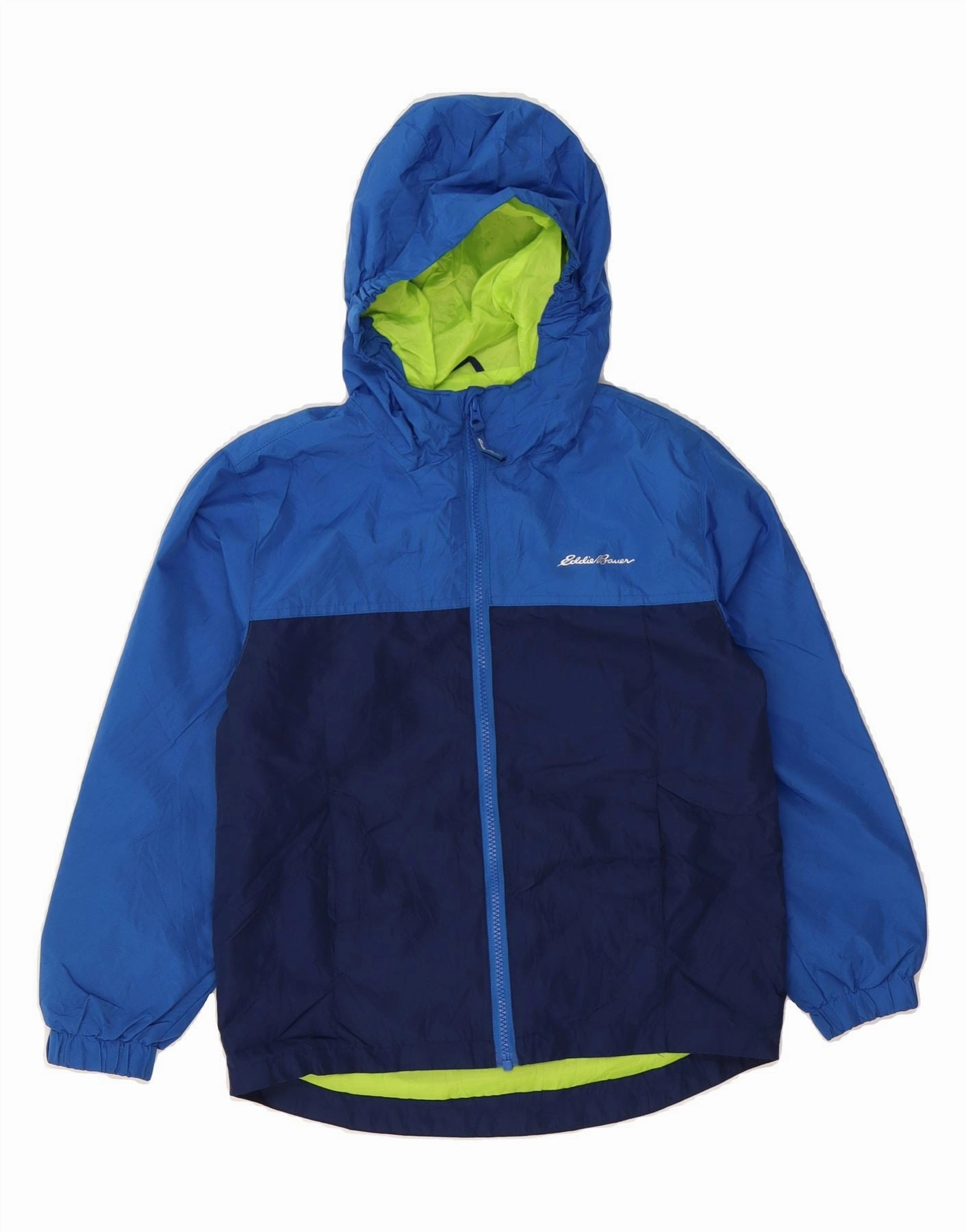 Non Restrictive Silhouette EDDIE BAUER Boys Hooded Rain Jacket 7-8 Years Small  Blue Colourblock
