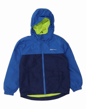 Non Restrictive Silhouette EDDIE BAUER Boys Hooded Rain Jacket 7-8 Years Small  Blue Colourblock