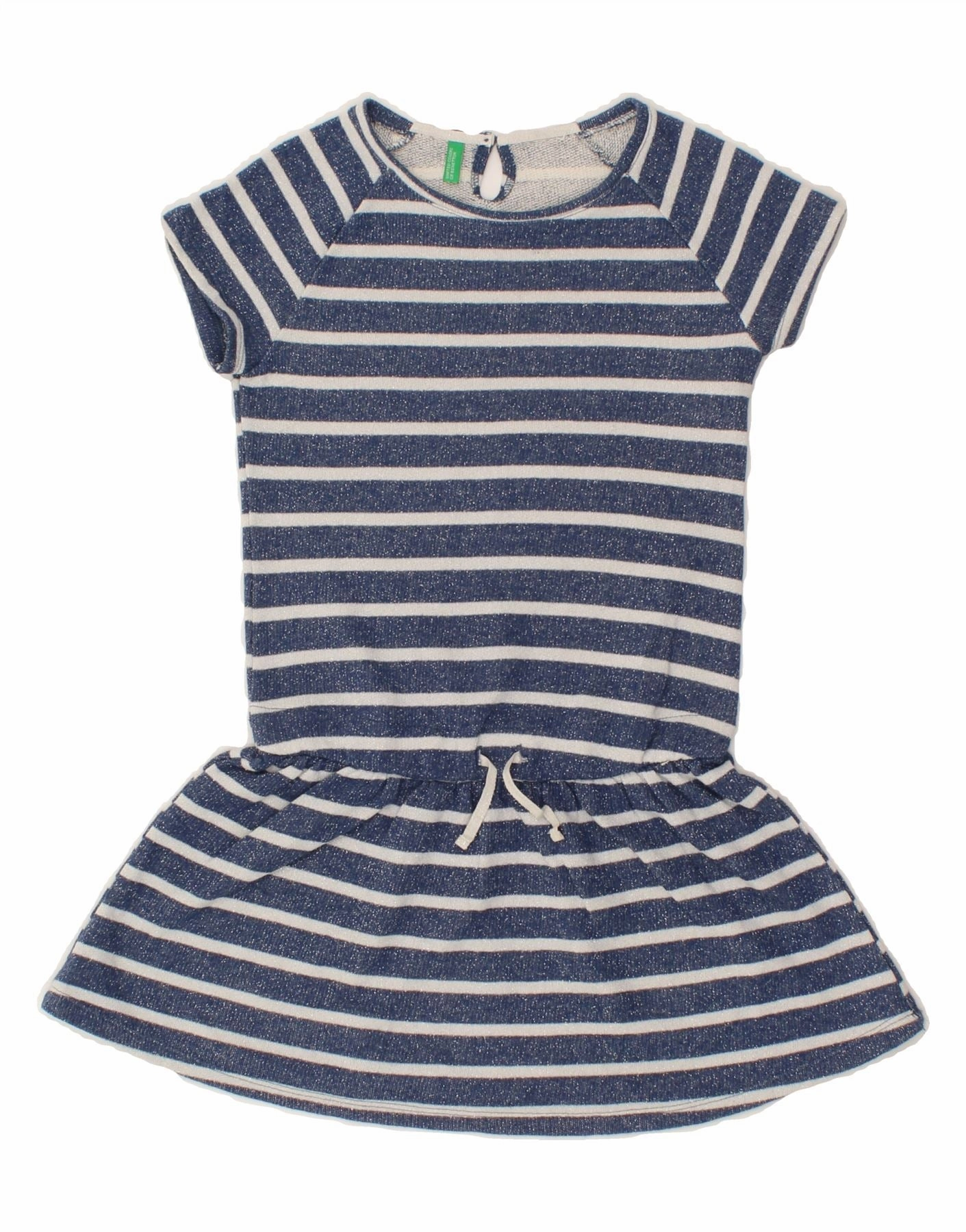 Layer Ready BENETTON Girls Drop Waist Dress 8-9 Years Large Blue Striped Cotton