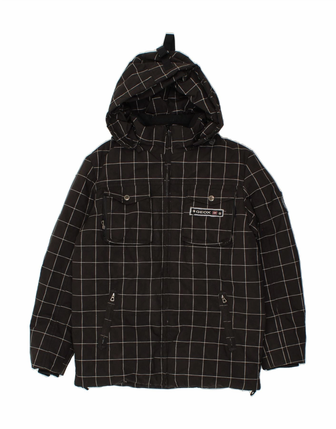GEOX Boys Hooded Rain Jacket 11-12 Years Black Check Polyester Winter Outer Layer