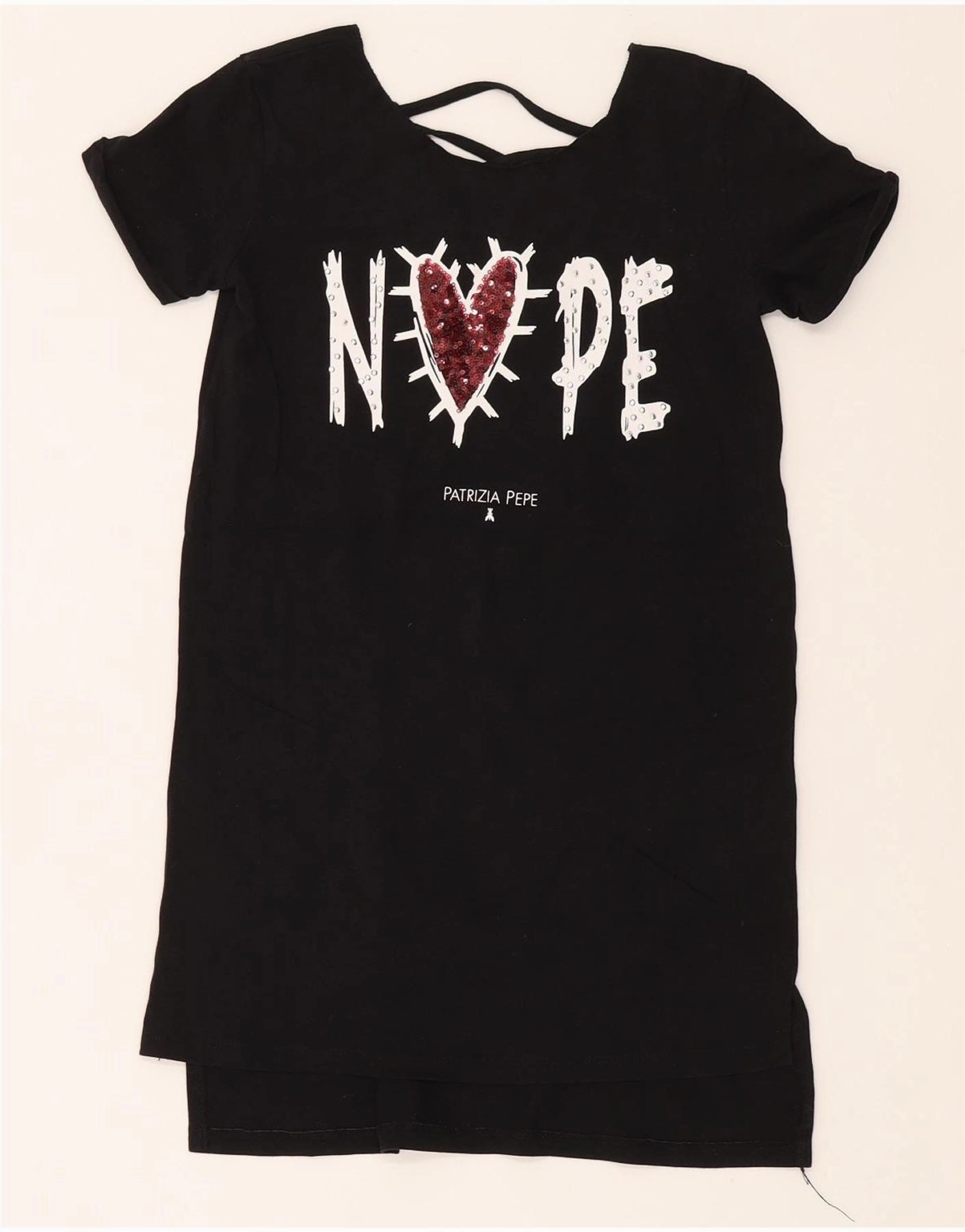 PATRIZIA PEPE Girls Graphic T-Shirt Dress 9-10 Years Medium Black Cotton Scalloped-Edge