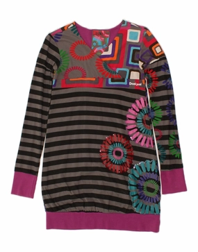 DESIGUAL Girls Graphic Long Sleeve Jumper Dress 13-14 Years Pink Striped Gender Inclusive Year Round