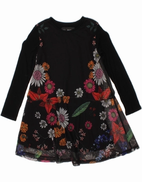 Gradient Shade DESIGUAL Girls Long Sleeve A-Line Dress 5-6 Years Black Floral Polyester