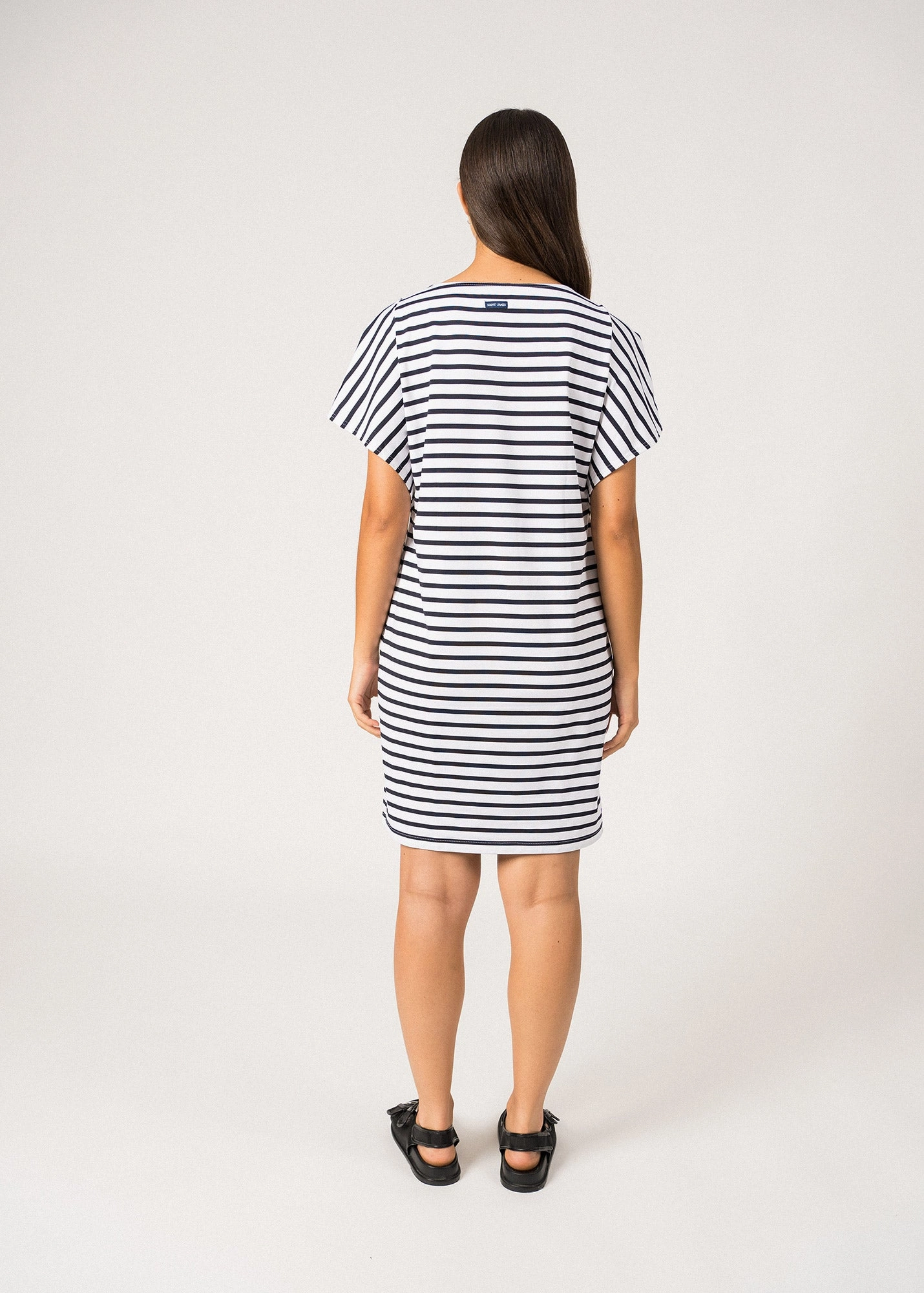 Vegan Material CASSIS - Nautical Stripe Dress with Batwing Sleeves | Anti-UV Stretch Lightweight Fabric  (WHITE / NAVY)