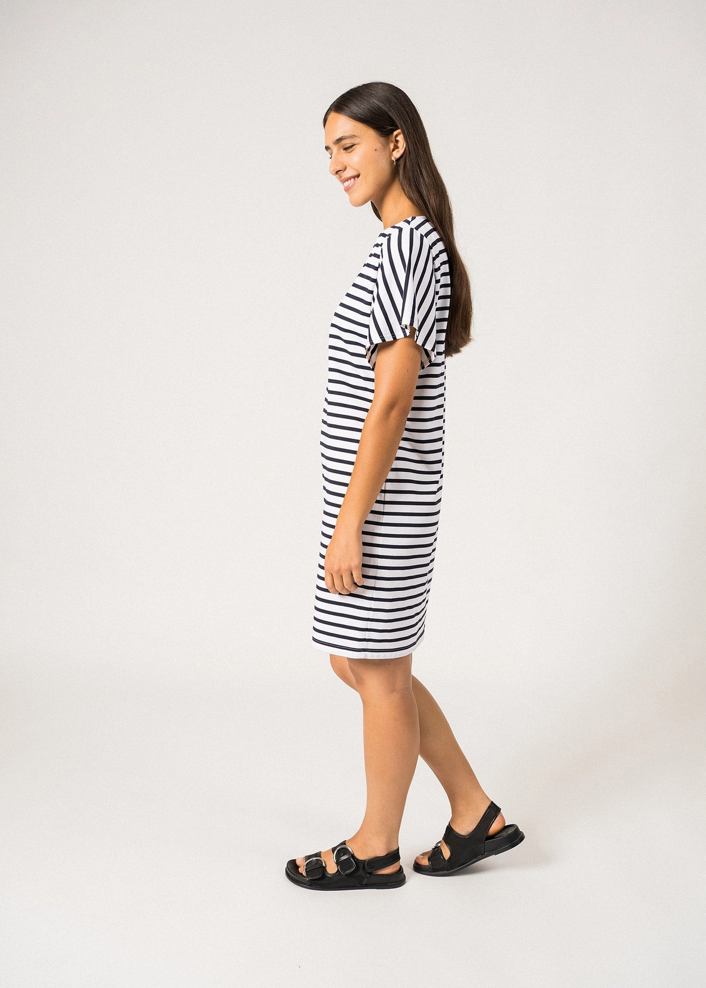 CASSIS - Nautical Stripe Dress with Batwing Sleeves | Anti-UV Stretch Lightweight Fabric  (WHITE / NAVY) Vibrant Touch Fringe Detail