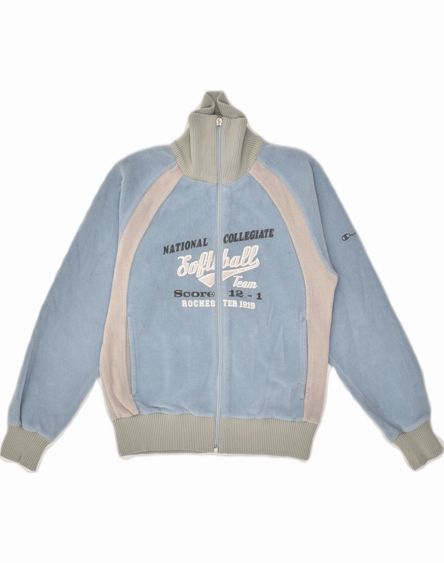 CHAMPION Boys Graphic Fleece Jacket 9-10 Years Blue Colourblock Polyester Heavy Duty Hardware Earrings