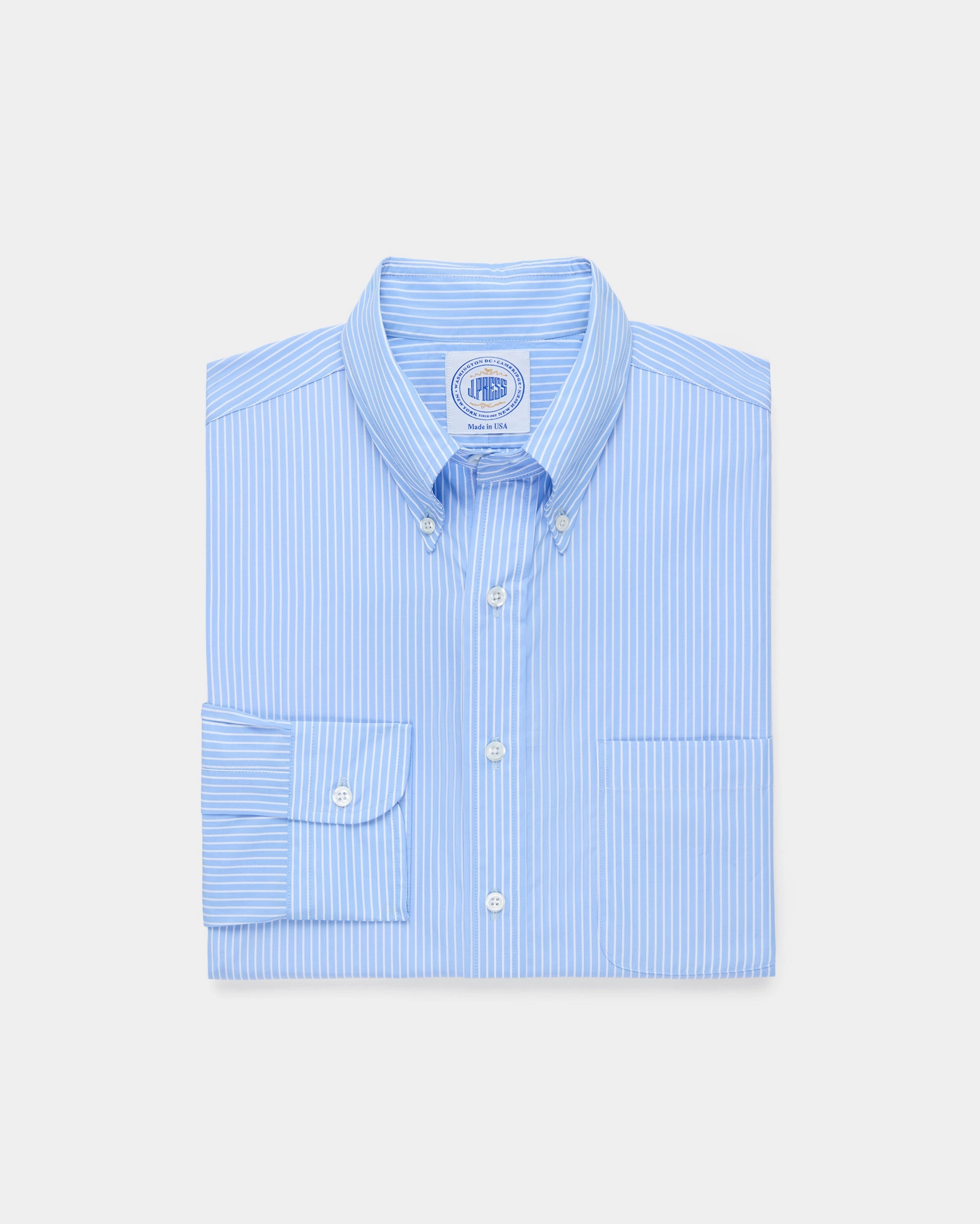 Made-in-USA Thomas Mason Blue Banker Stripe Dress Shirt - Regular Fit Non-Iron