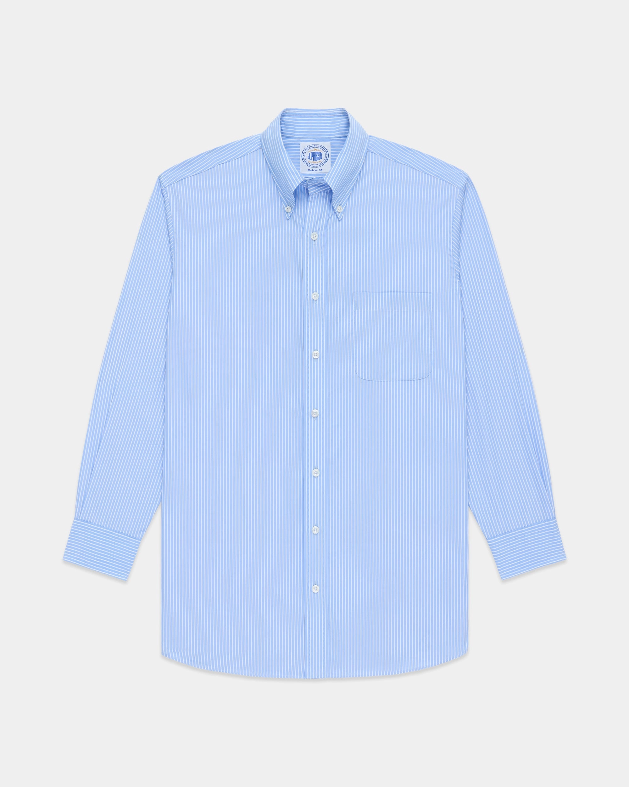 networking event Made-in-USA Thomas Mason Blue Banker Stripe Dress Shirt - Regular Fit