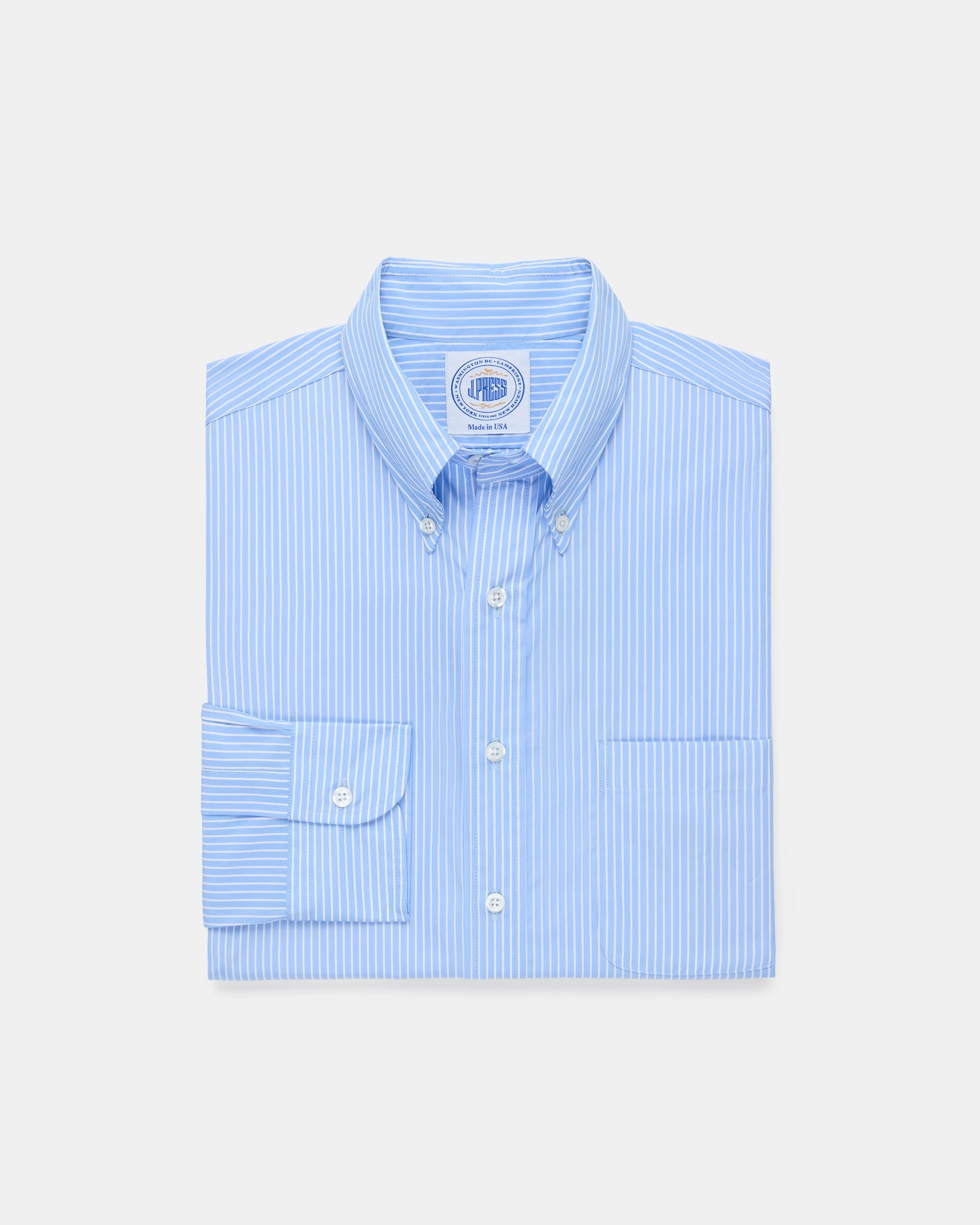 Made-in-USA Thomas Mason Blue Banker Stripe Dress Shirt - Regular Fit Textured Finish Airflow Ventilation System