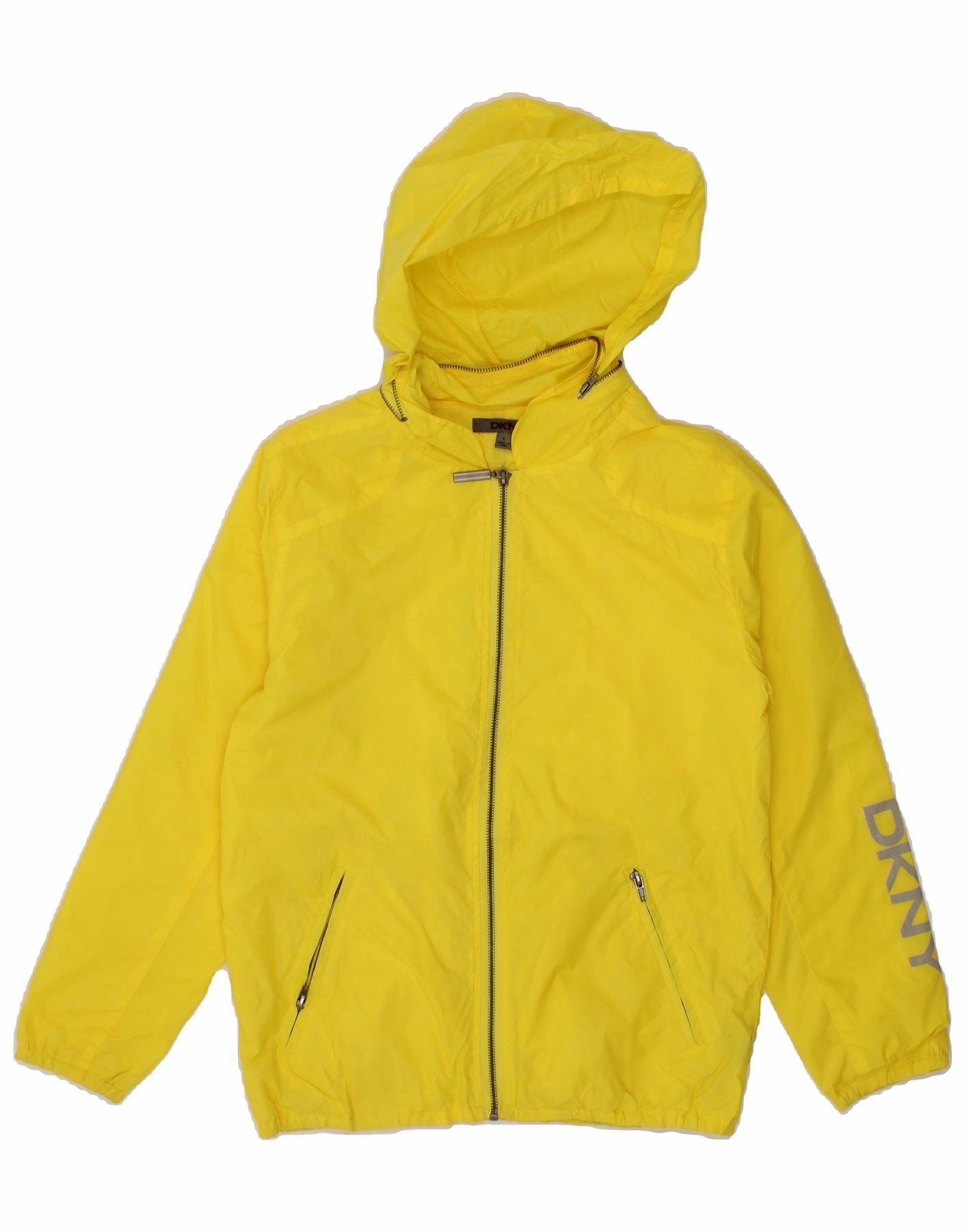 Hearing-aid multi-color DKNY Boys Graphic Hooded Rain Jacket 11-12 Years Large Yellow Nylon