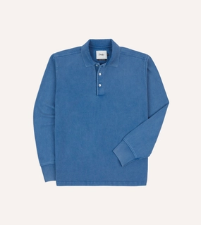Indigo Cotton Jersey Long-Sleeve Polo Shirt Cozy Fleece Cozy Coverage