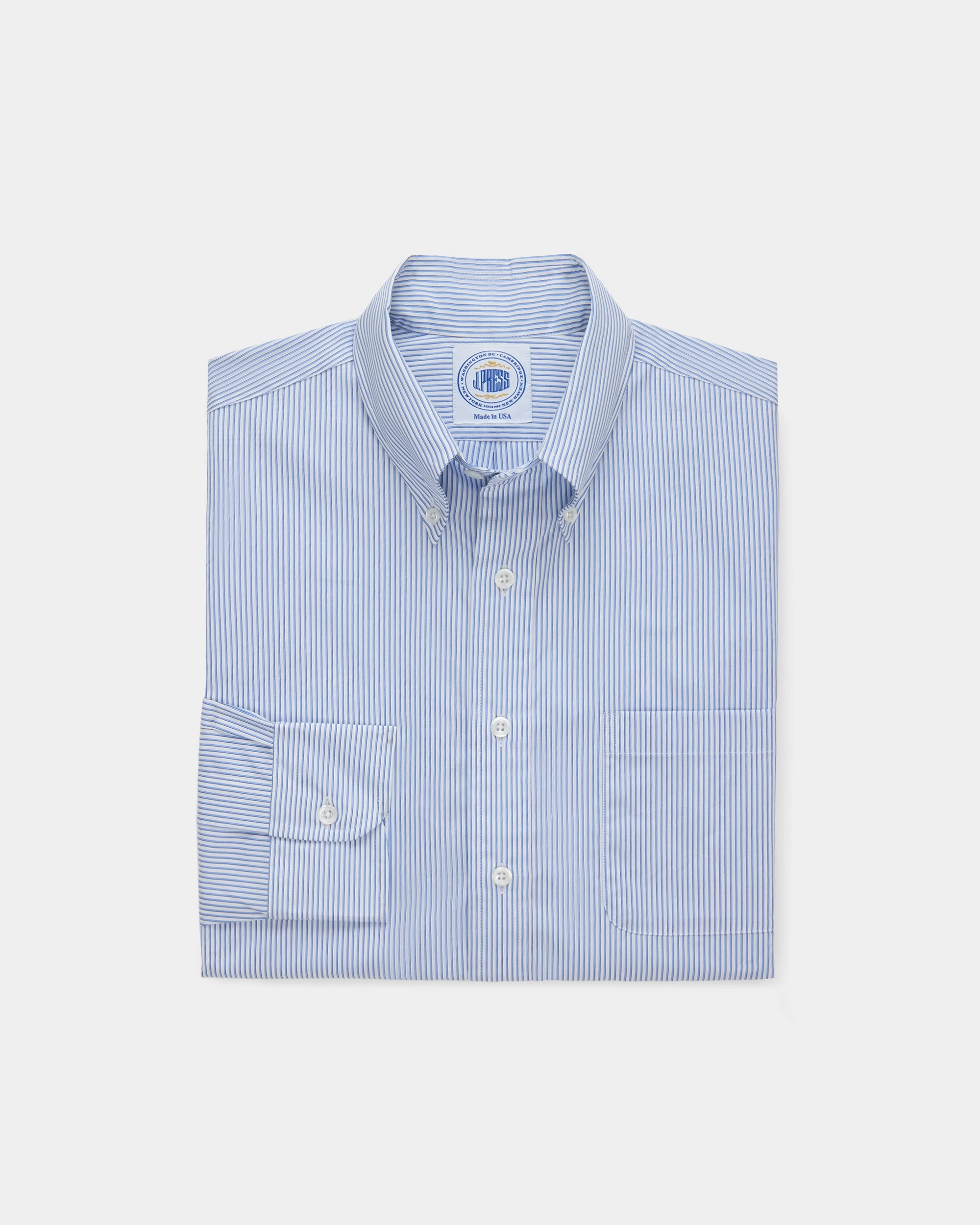 Made-in-USA Thomas Mason Blue Shadow Stripe Button Down Shirt - Regular Fit Contrast Stitch